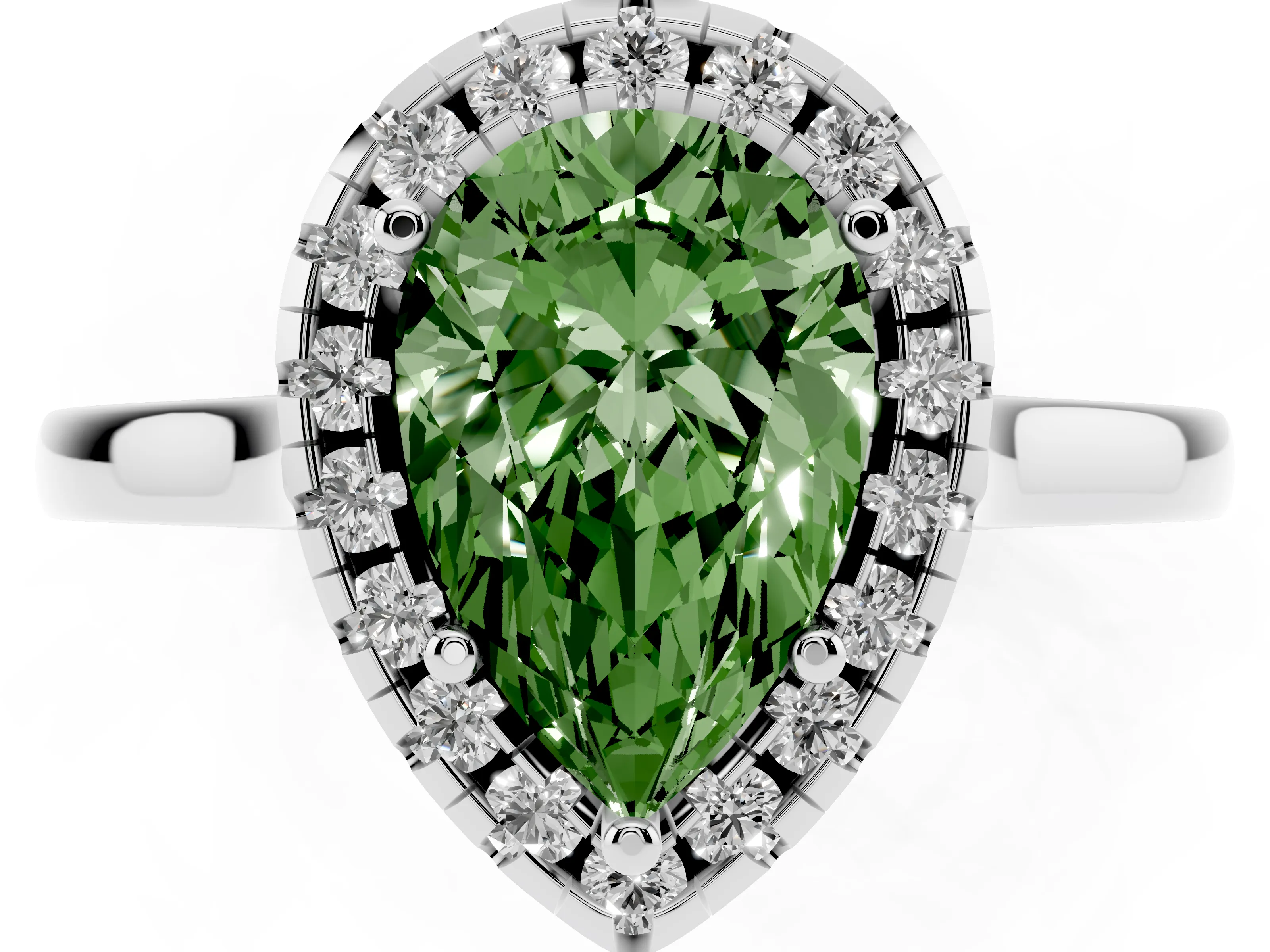 Fancy Green Pear Cut Halo Round Diamond Solitaire Ring Set in White gold with Pavé Band and Prong Setting