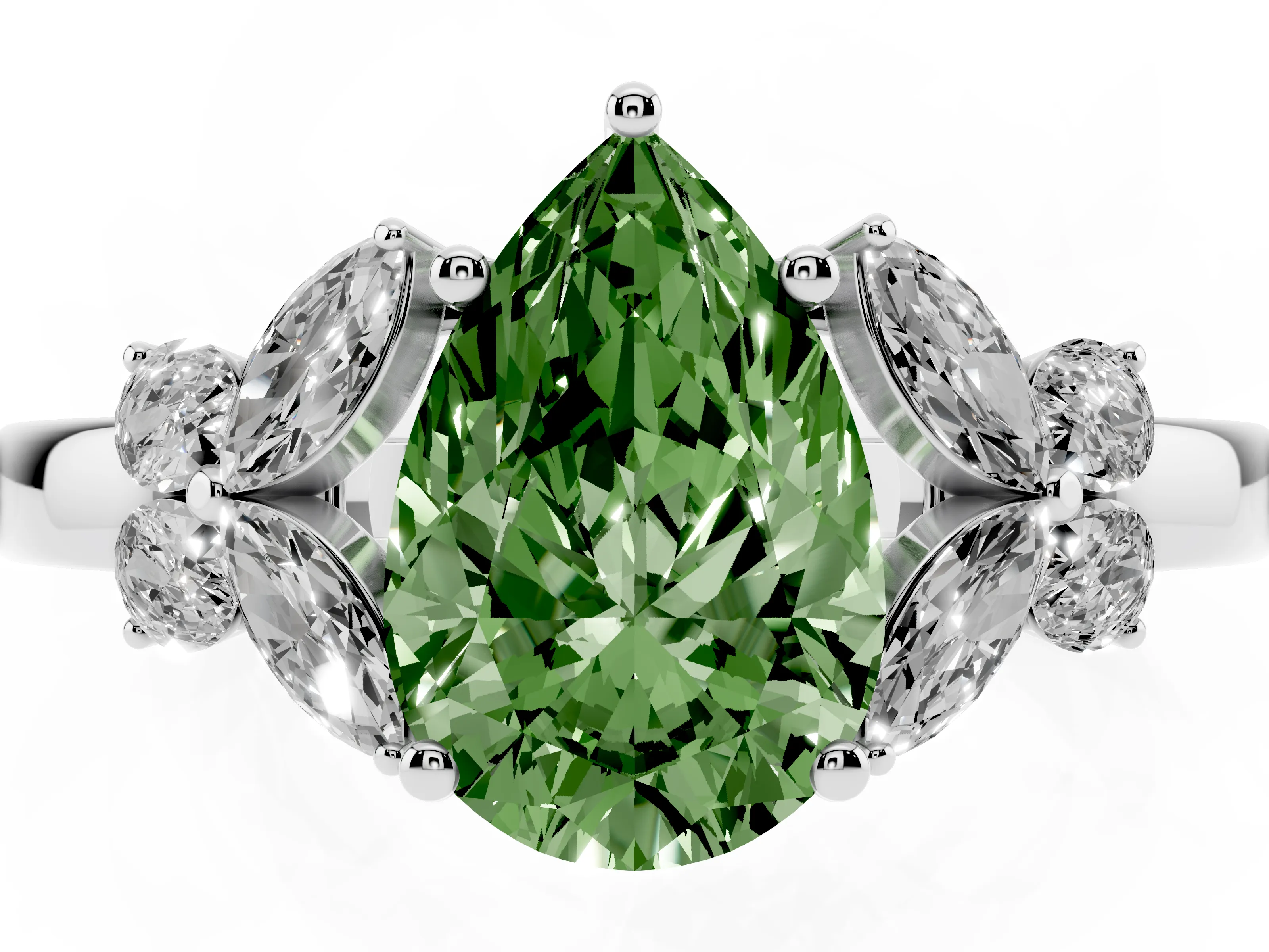 Fancy Green Pear Cut Diamond Solitaire Floral Ring Set in Silver with Marquise Petals and Prong Setting