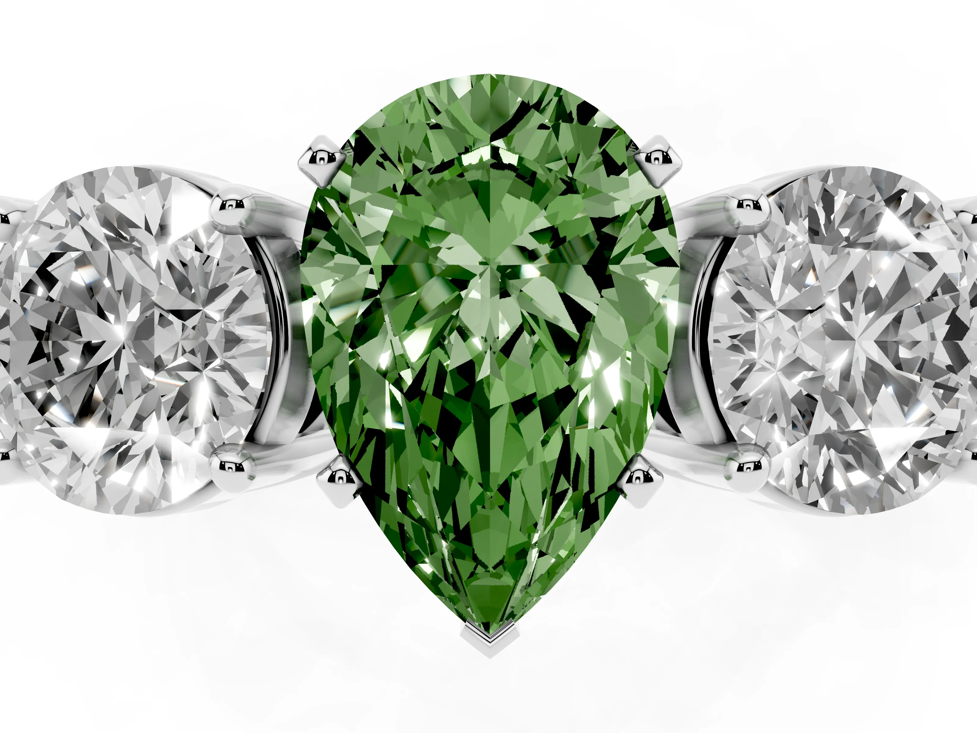 Fancy Green Pear Cut Diamond Three-Stone Ring Set in Silver with Round Side Stones and Classic Band