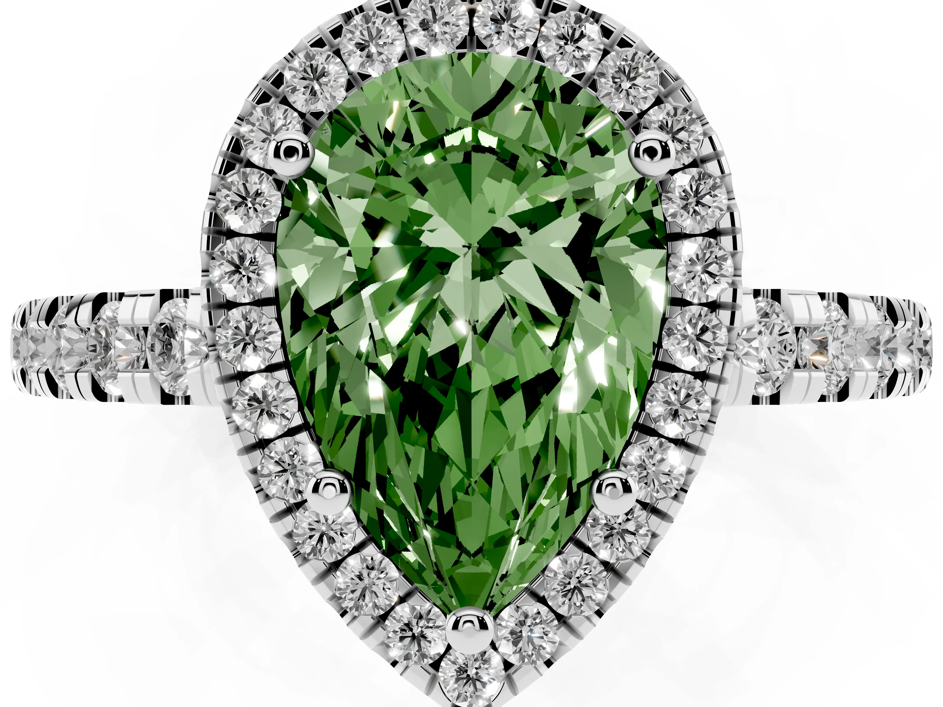 Fancy Green Pear Cut Diamond Halo Ring Set in Platinum with Delicate Pavé Band and Prong Setting