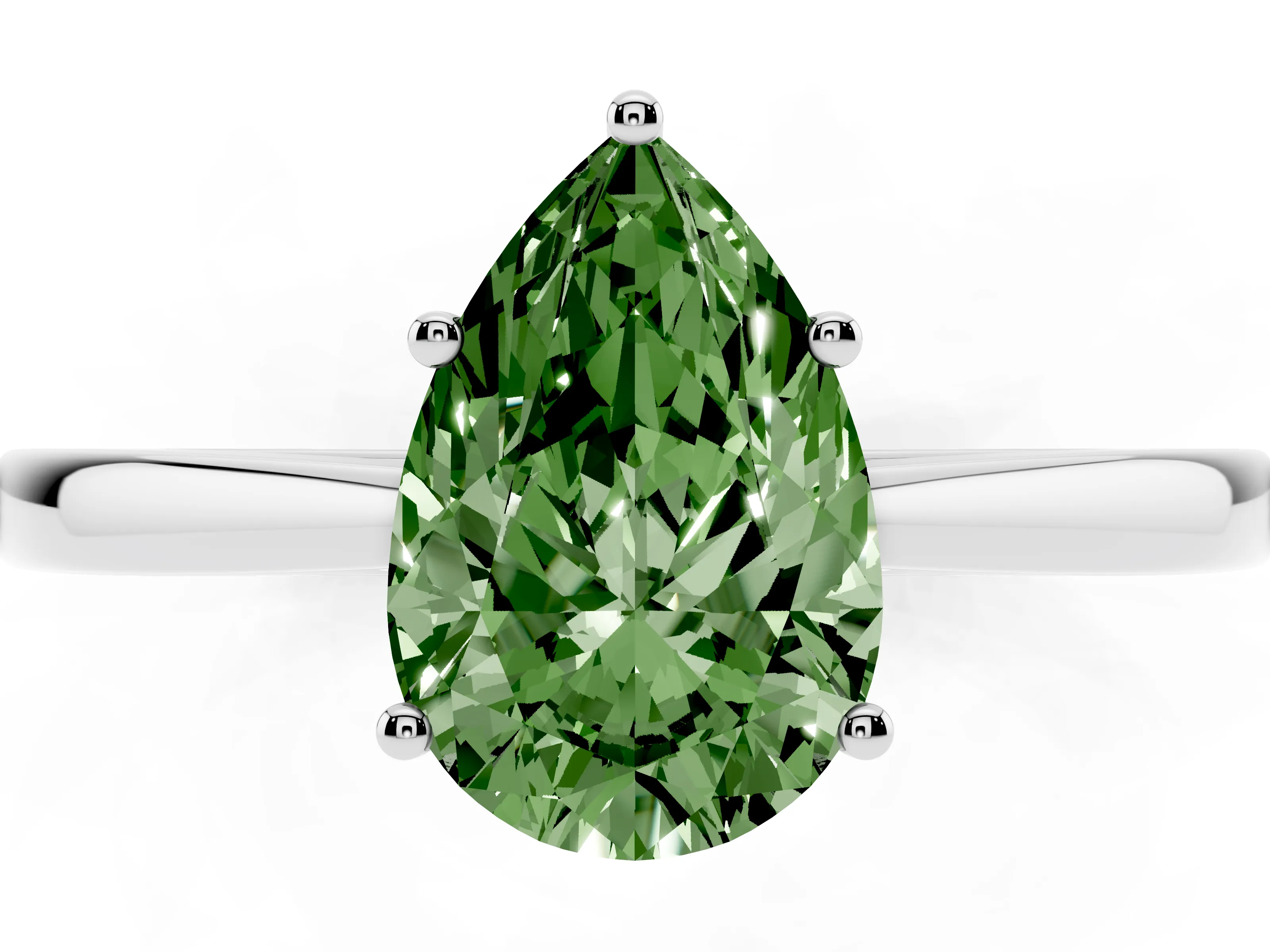 Fancy Green Pear Cut Diamond Solitaire Ring Set in Silver with Split Shank and Prong Setting