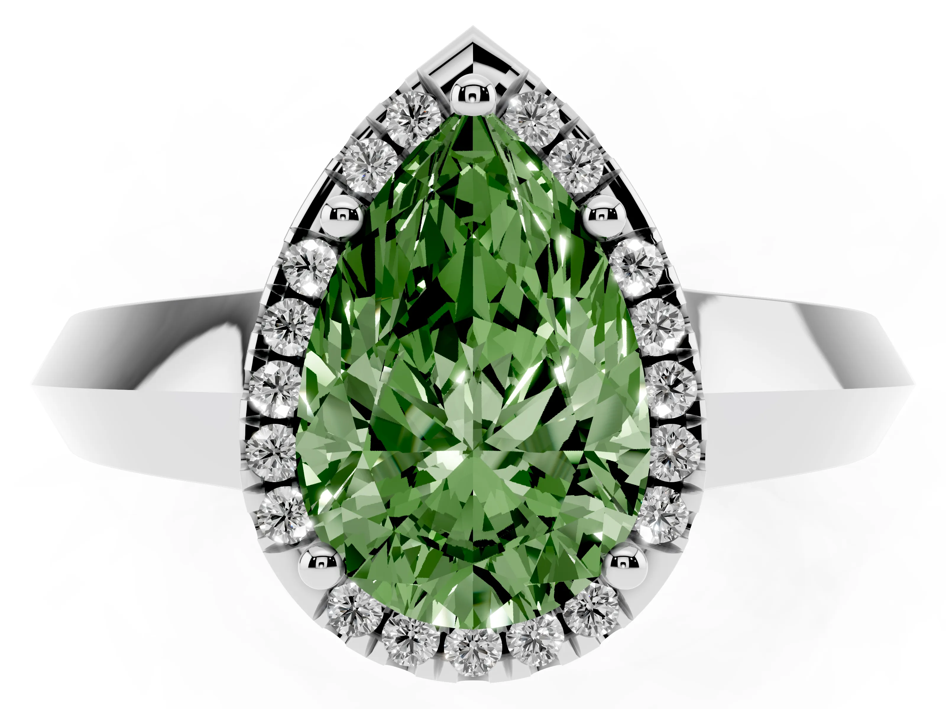 Fancy Green Pear Cut Diamond Halo Ring Set in Platinum with Cathedral Band and Prong Setting