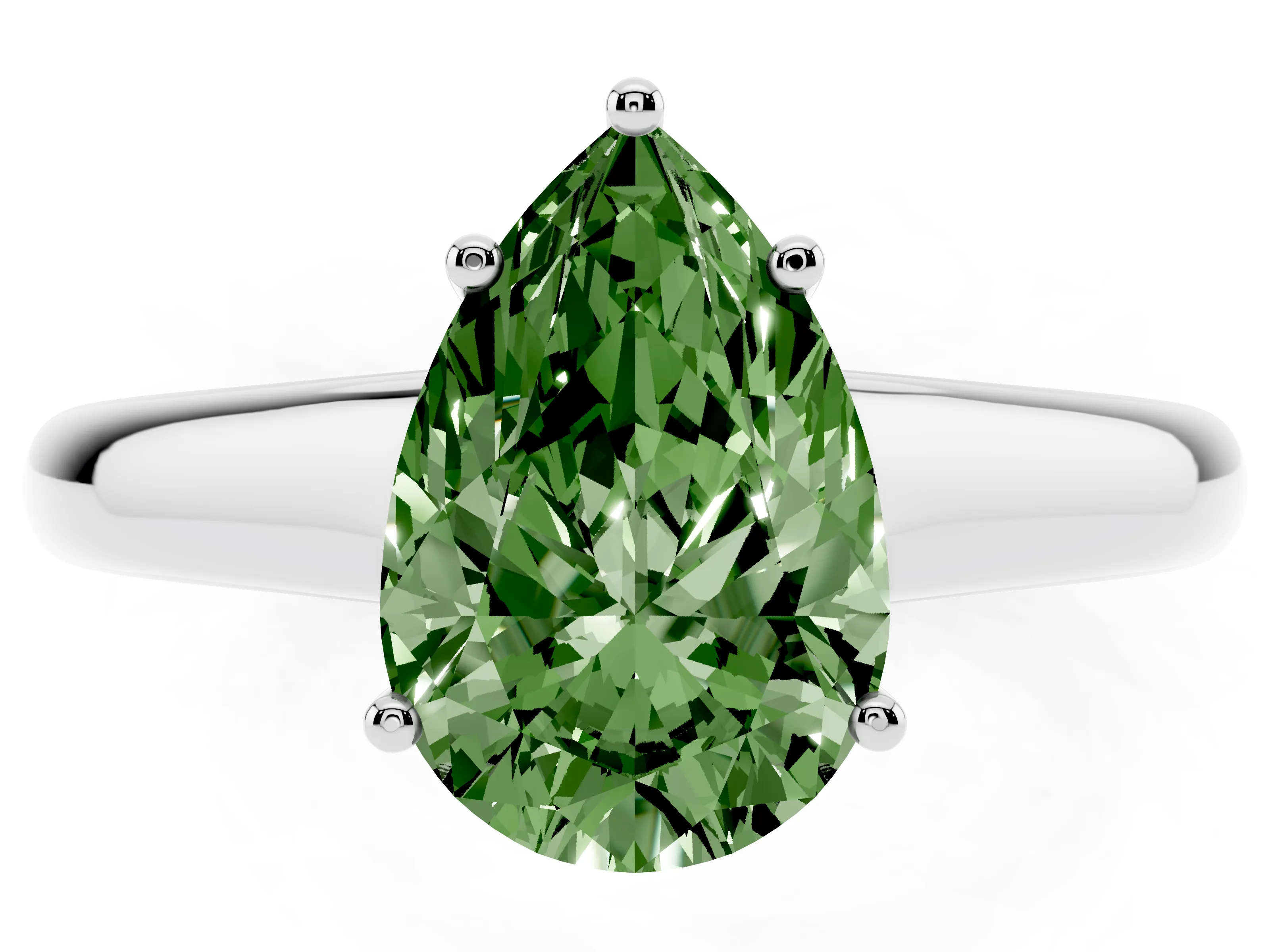 Fancy Green Pear Cut Diamond Solitaire Engagement Ring Set in White gold with Subtly Tapered Band and Prong Setting