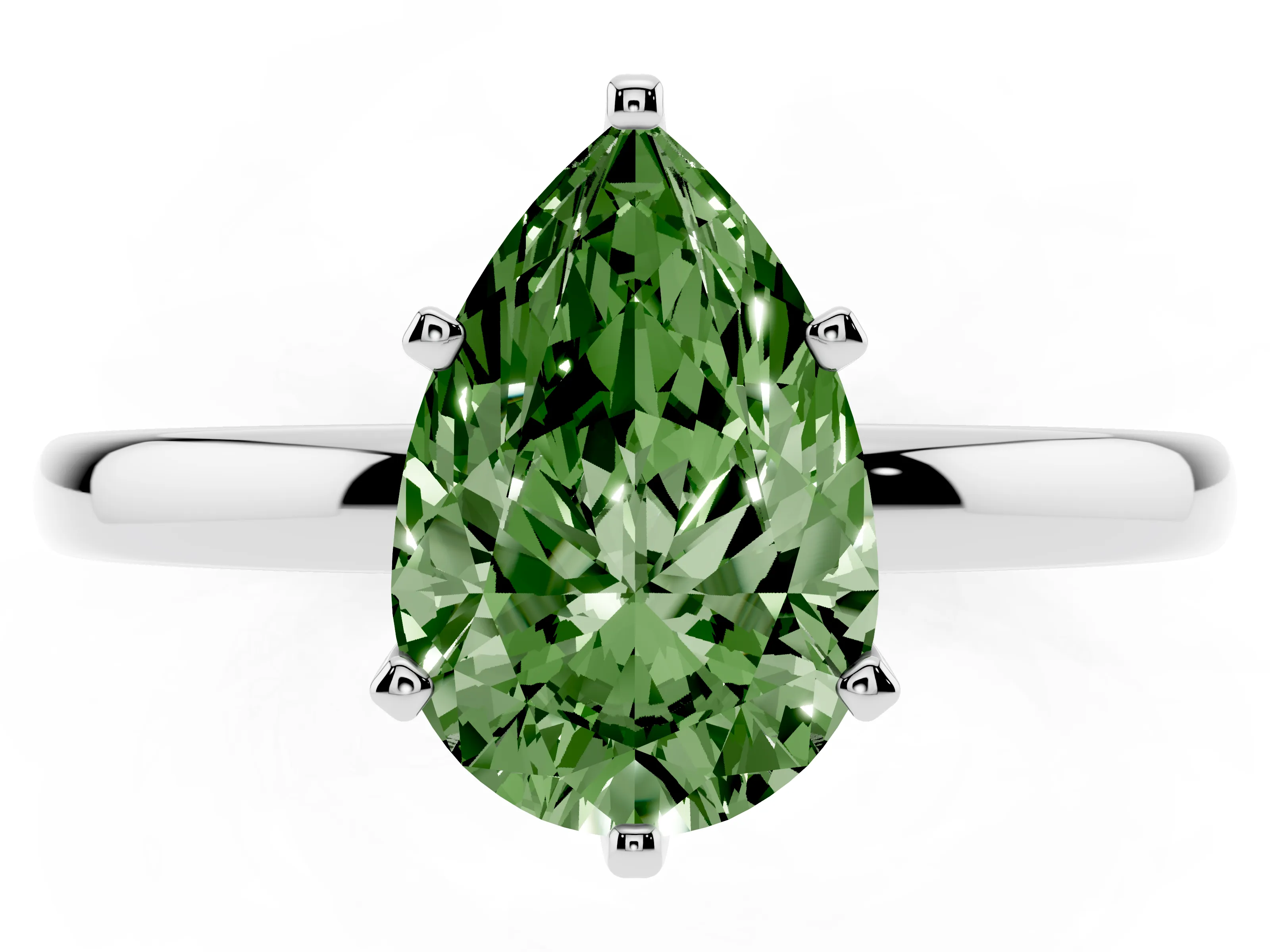 Fancy Green Pear Cut Diamond Solitaire Ring Set in Silver with Raised Prong Setting on a Classic Band