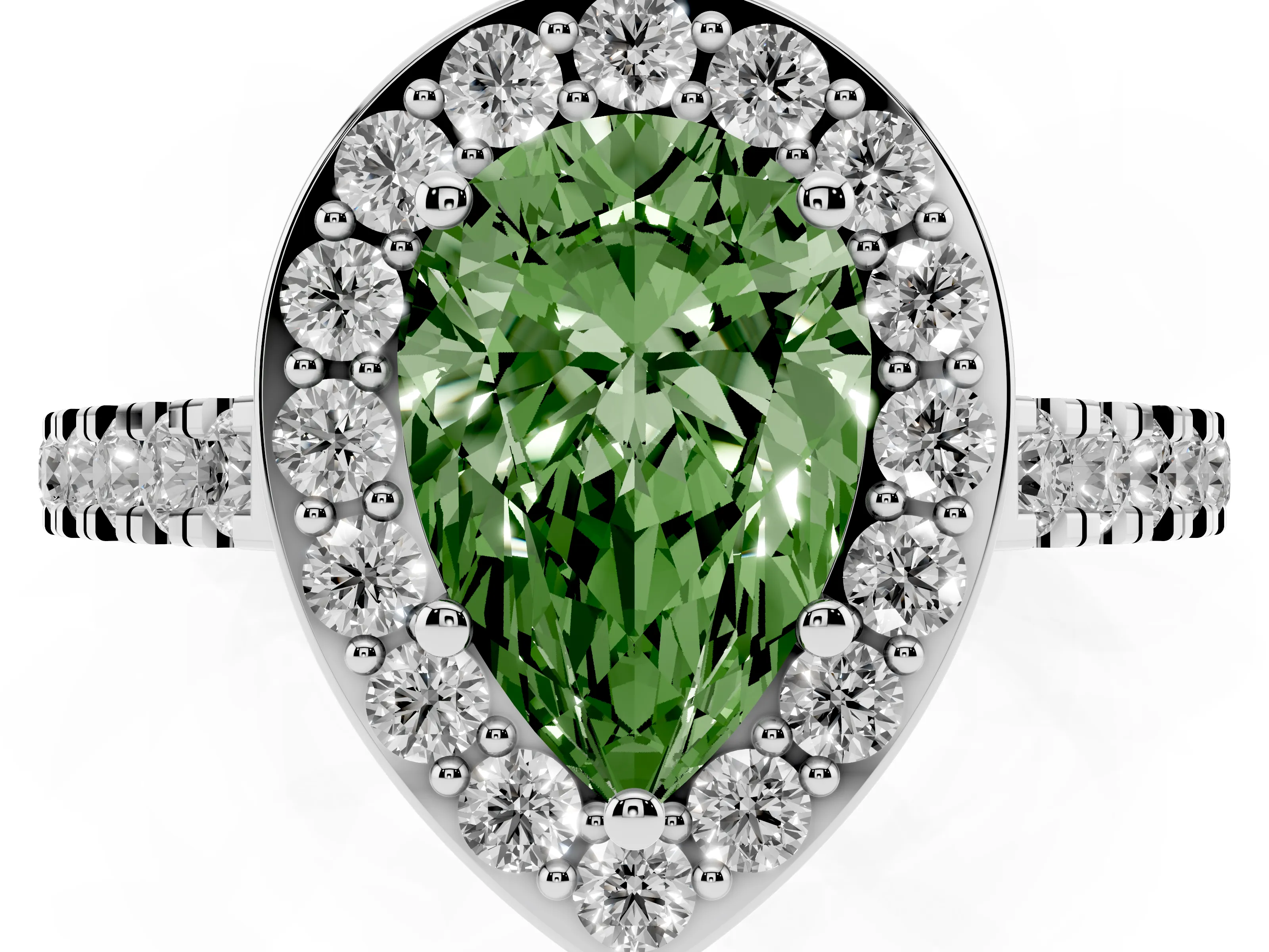 Fancy Green Pear Cut Diamond Halo Ring Set in Silver with Round Pavé Split Shank and Prong Setting