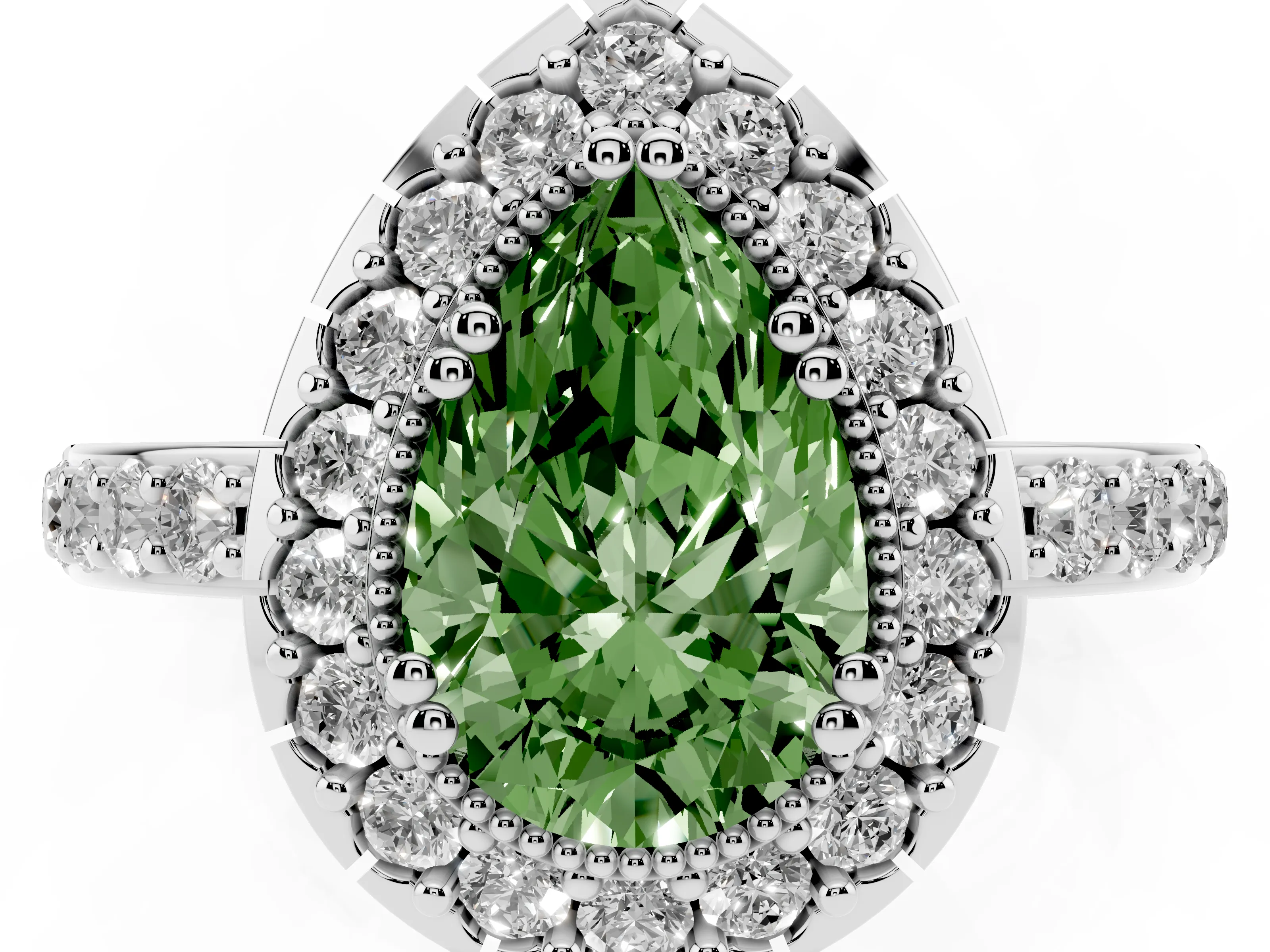 Fancy Green Pear Cut Diamond Halo Ring Set in White gold with Pavé Shank and Prong Setting