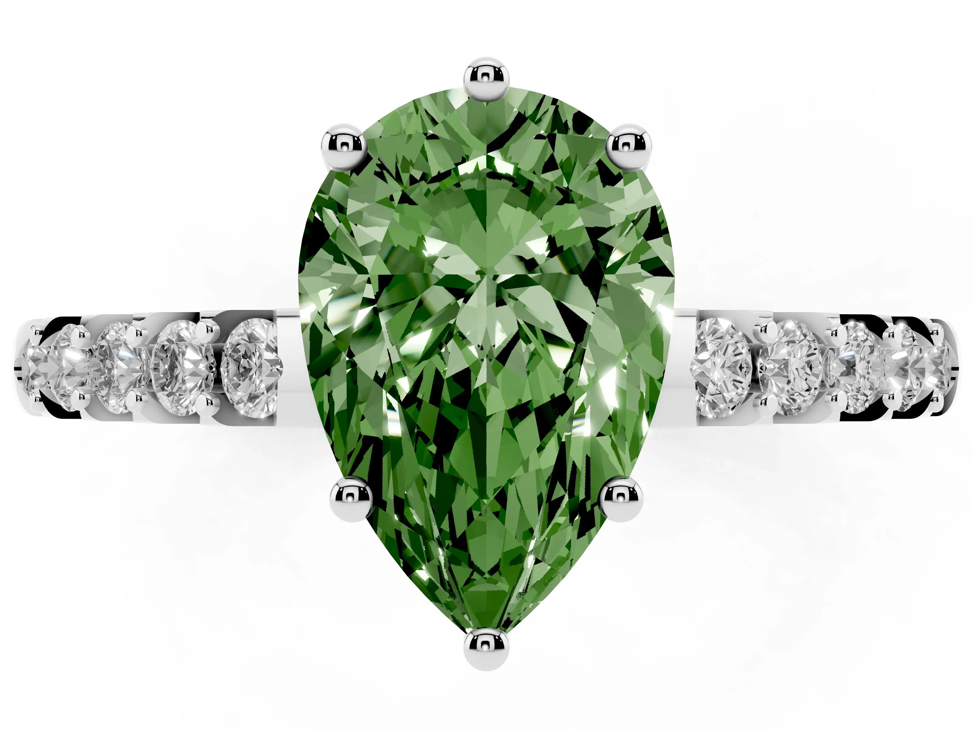 Fancy Green Pear Cut Diamond Solitaire Engagement Ring Set in Platinum with Pavé Band and Prong Setting
