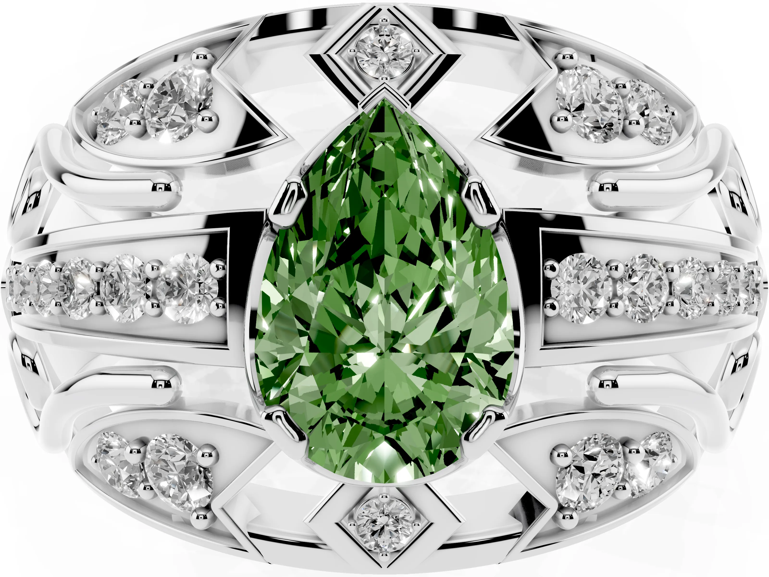 Fancy Green Pear Cut Diamond Art Deco Ring Set in Platinum with Pavé Split Shank