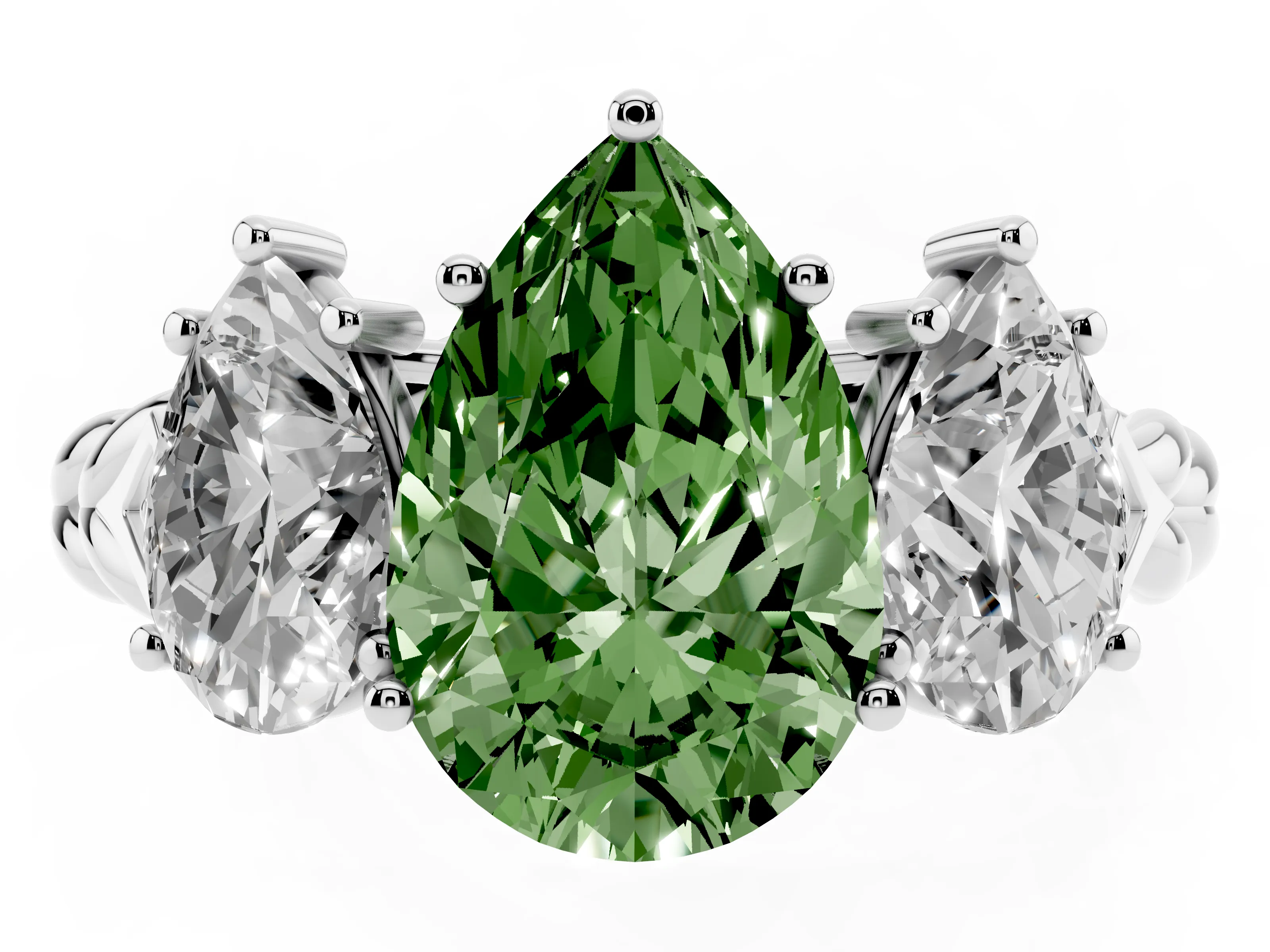 Fancy Green Pear Cut Diamond Three-Stone Ring Set in Platinum with Braided Band