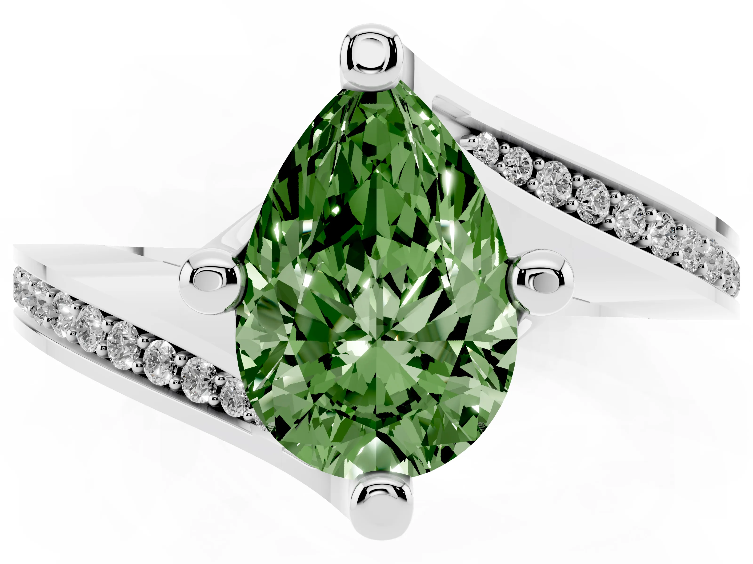 Fancy Green Pear Cut Diamond Solitaire Ring Set in Silver with Intertwined Pavé Twist Band