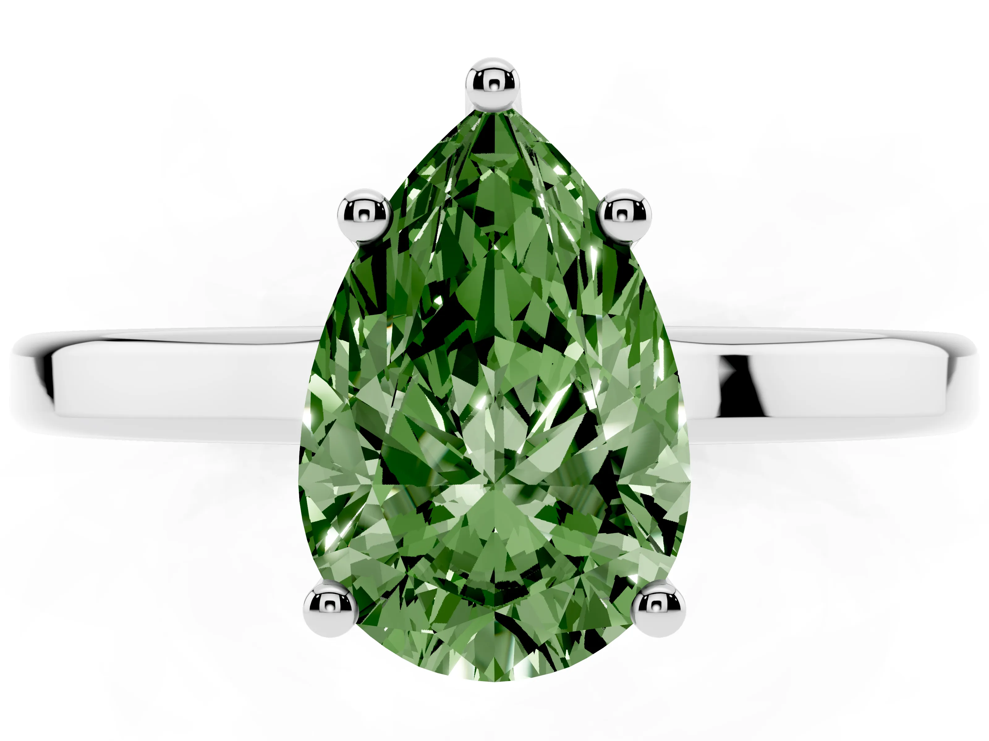 Fancy Green Pear Cut Diamond Solitaire Engagement Ring Set in Platinum with Prong Setting on a Plain Band