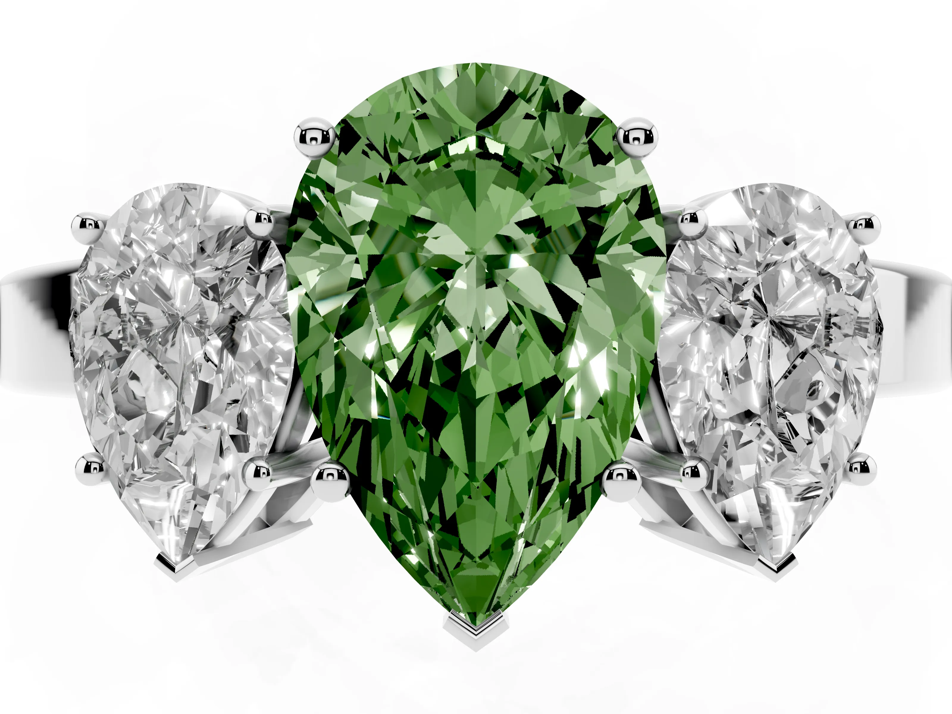 Fancy Green Pear Cut Diamond Three-Stone Engagement Ring Set in White gold with Flat Band