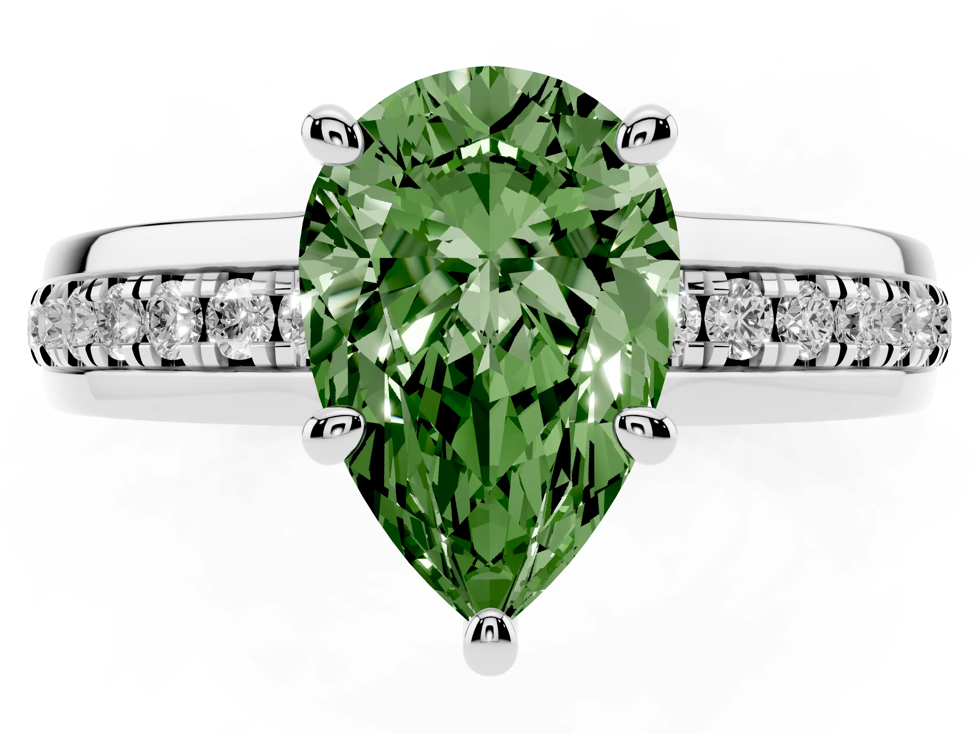 Fancy Green Pear Cut Diamond Solitaire Ring Set in Silver with Channel Set Band and Prong Setting