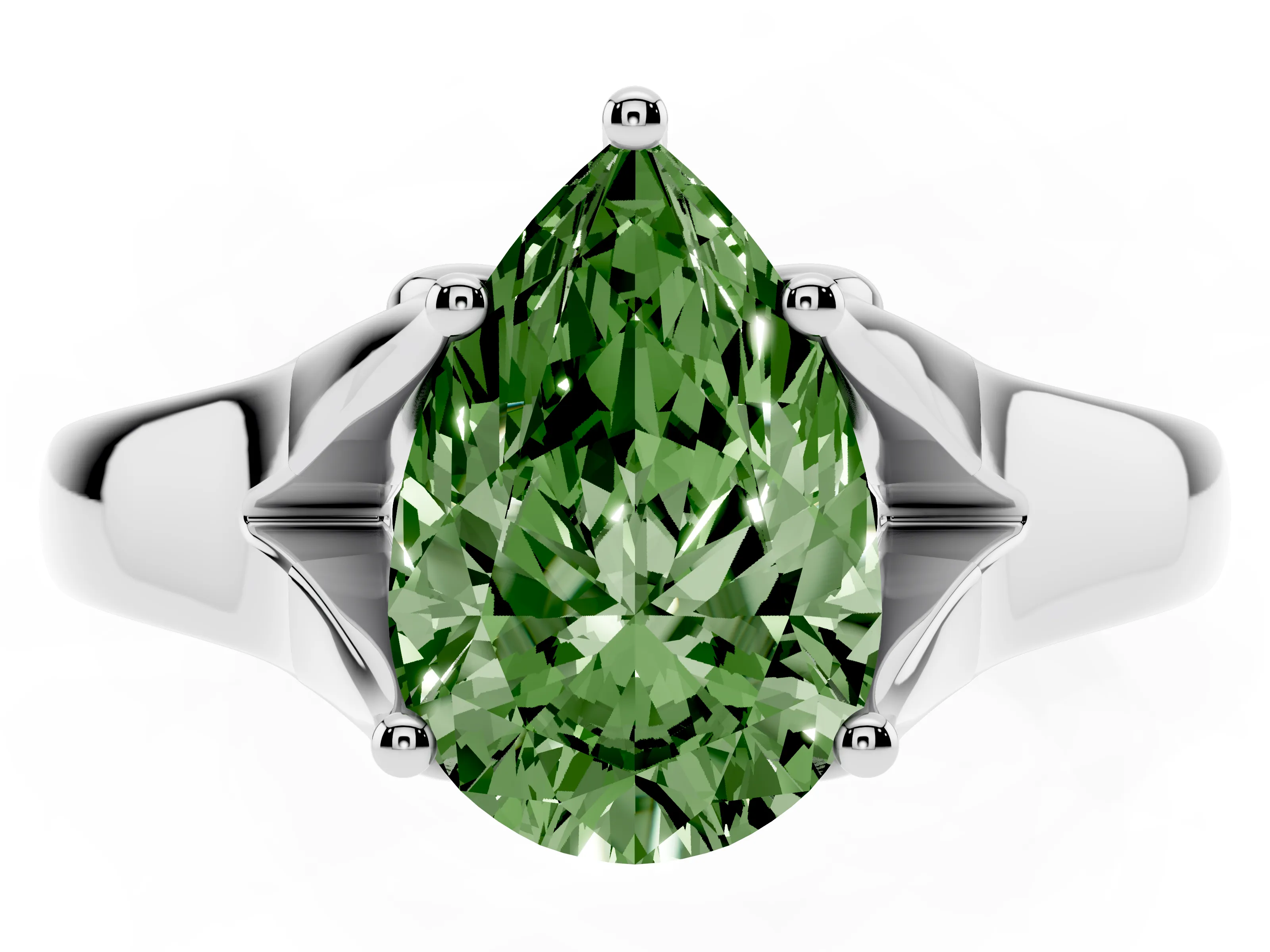 Fancy Green Pear Cut Diamond Solitaire Ring Set in White gold with Arched Cathedral Band and Prong Setting
