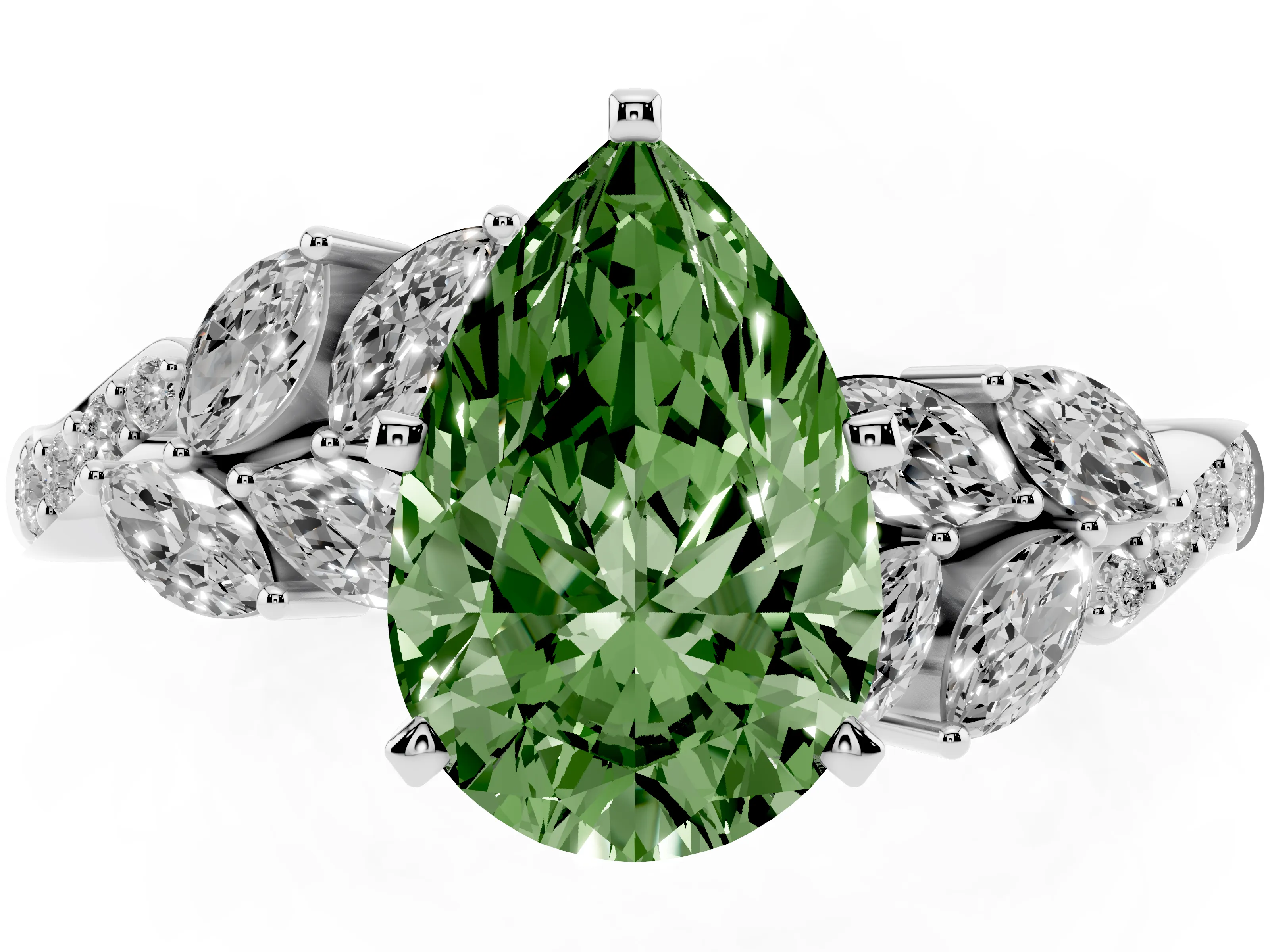 Fancy Green Pear Cut Diamond Solitaire Ring Set in Silver with Marquise Twist Band and Prong Setting
