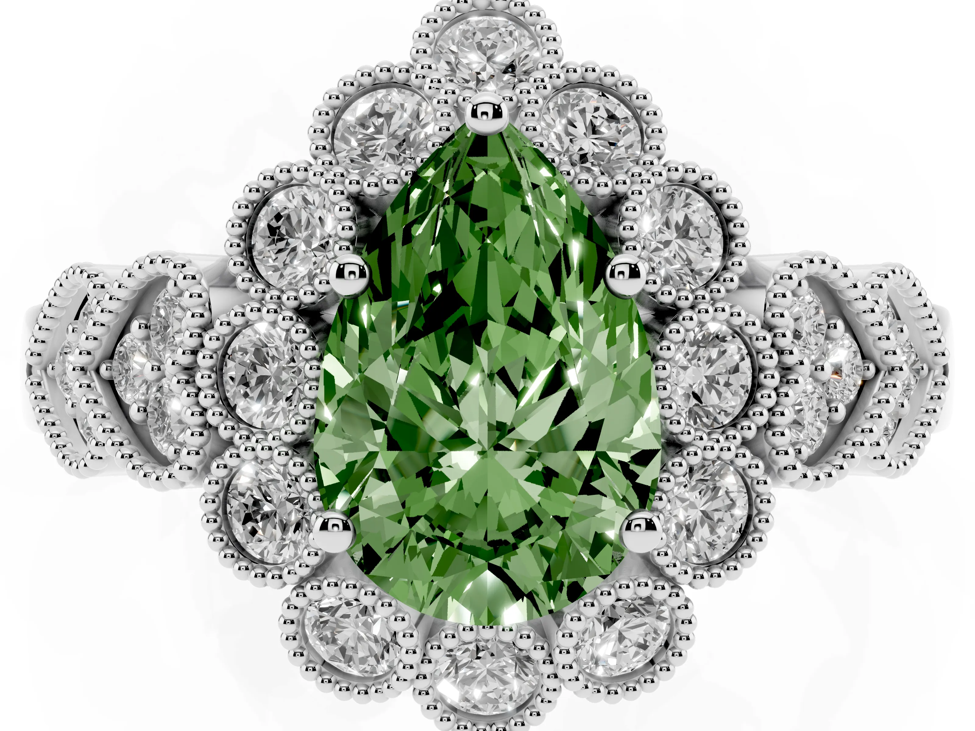 Fancy Green Pear Cut Diamond Solitaire Ring Set in White gold with Milgrain Pavé Heart Band