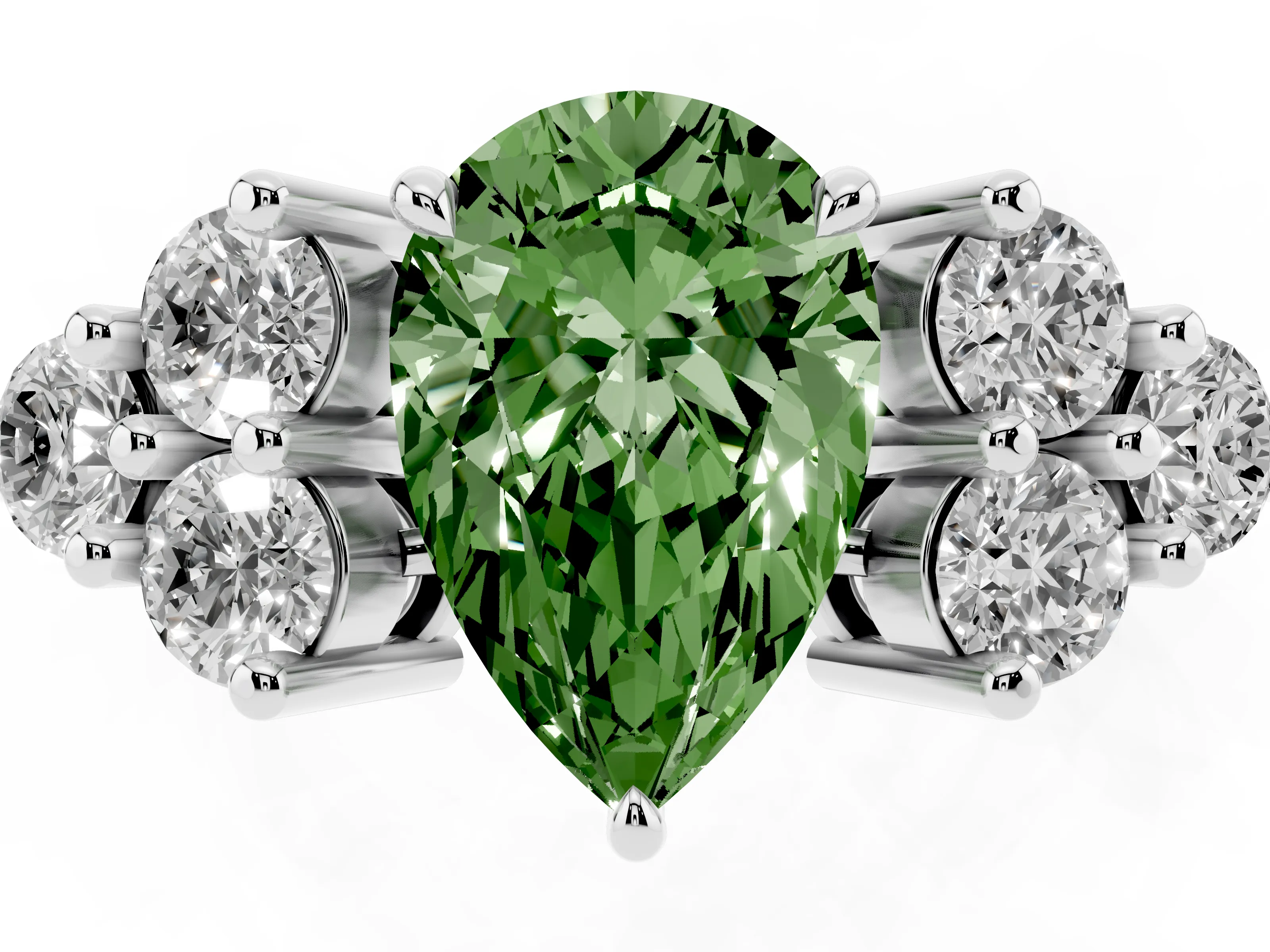 Fancy Green Pear Cut Diamond Solitaire Ring Set in Silver with Cluster Accents on Each Side