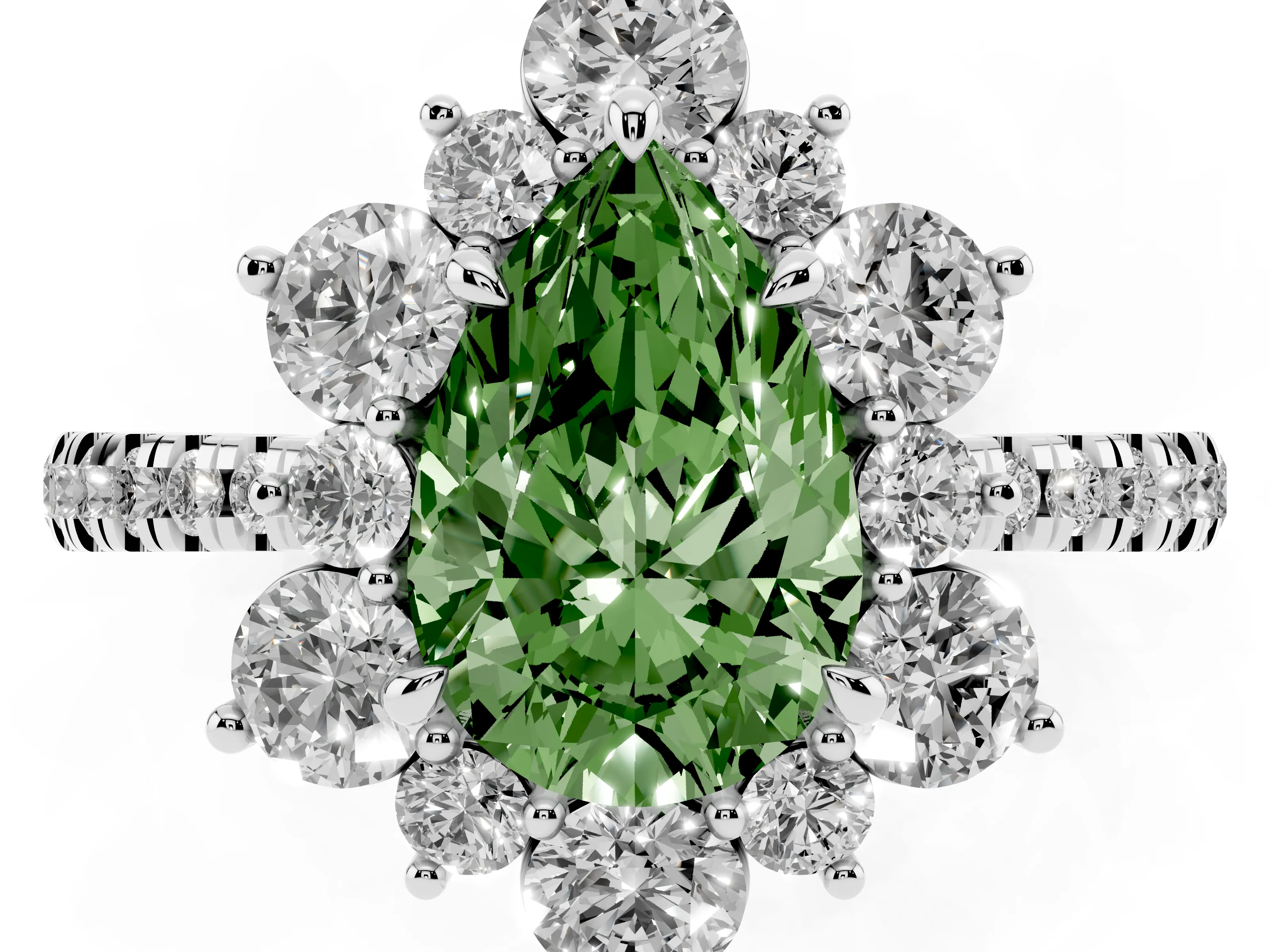 Fancy Green Pear Cut Diamond Floral Halo Ring Set in White gold with Round Pavé Band and Prong Setting