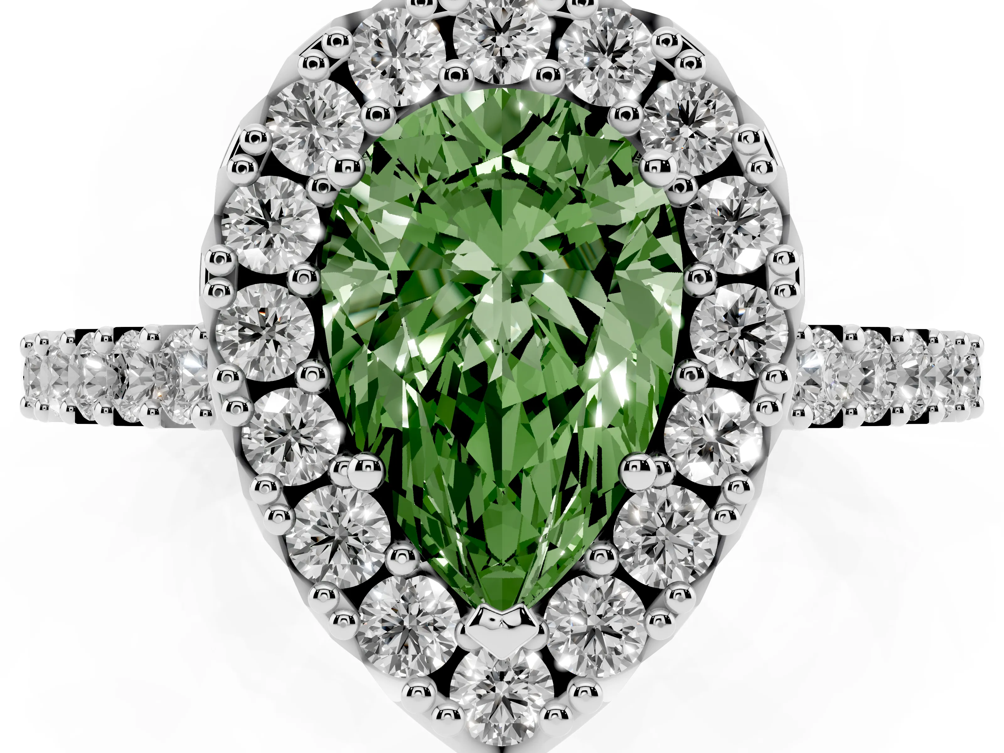 Fancy Green Pear Cut Diamond Halo Pavé Solitaire Ring Set in White gold with Prong-Set Center Stone