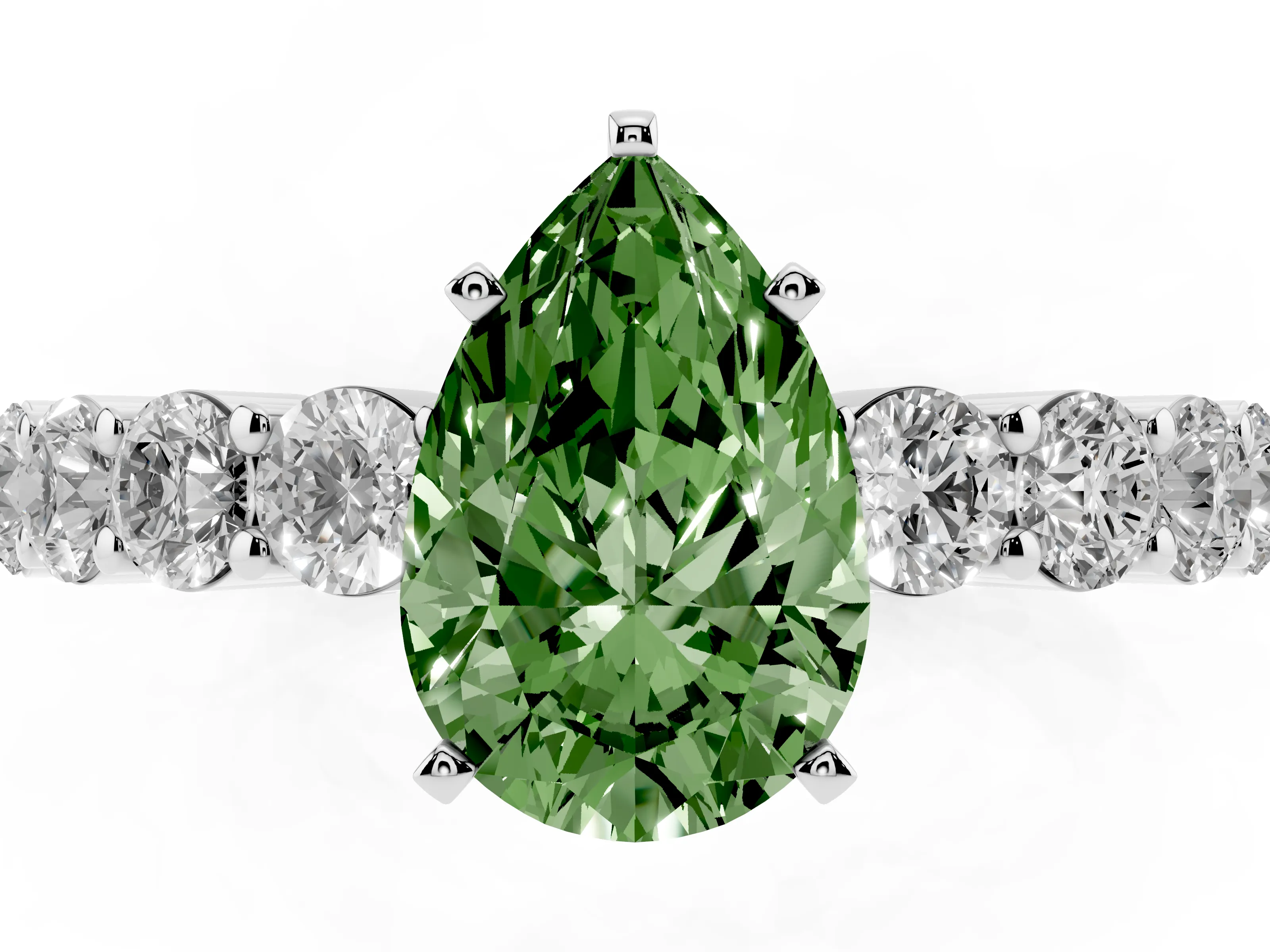 Fancy Green Pear Cut Diamond Solitaire Ring Set in White gold with Shared Prong Round Side Stones