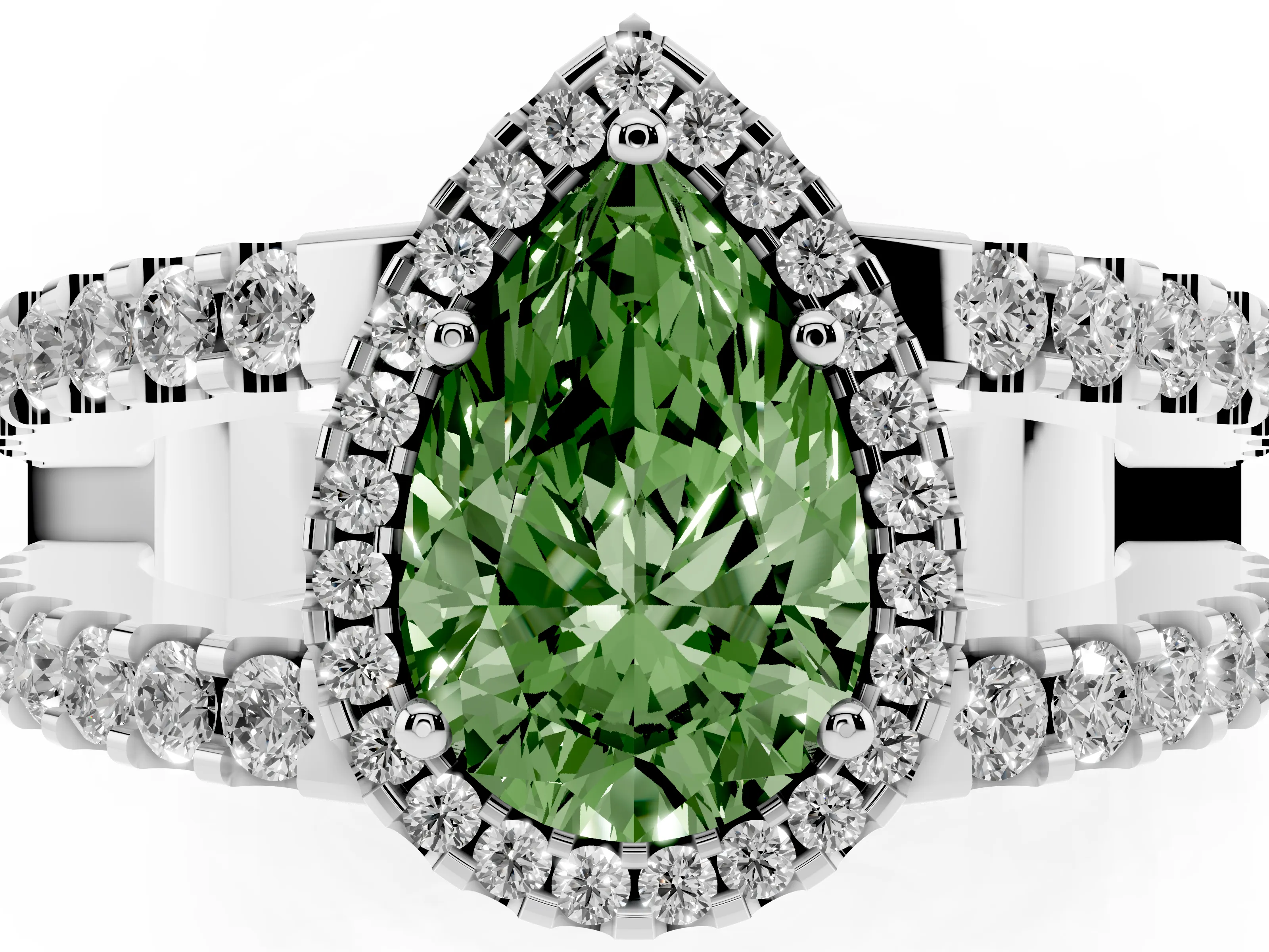 Fancy Green Pear Cut Diamond Halo Ring Set in Platinum with Pavé Split Shank and Prong Setting