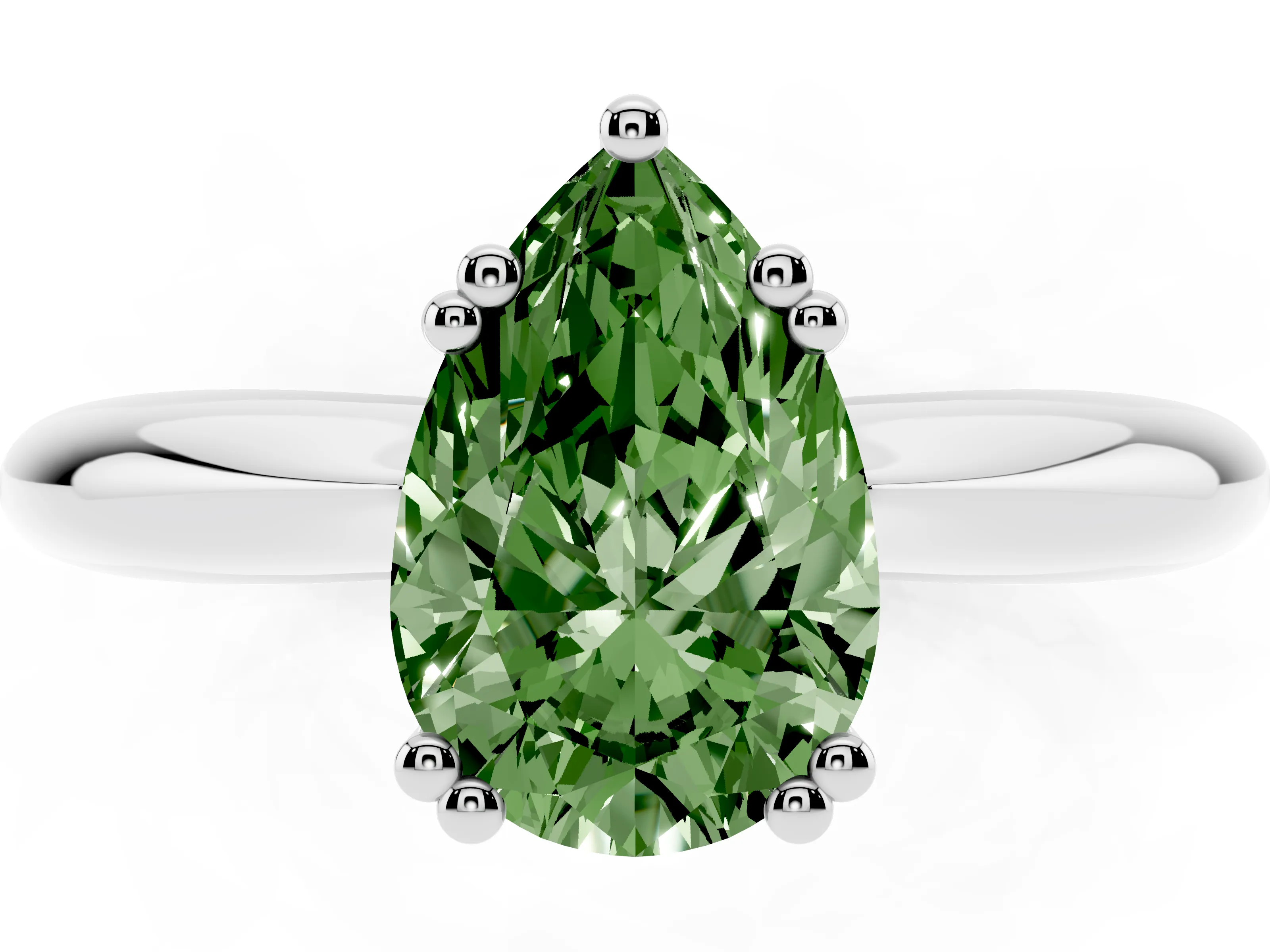 Fancy Green Pear Cut Diamond Solitaire Engagement Ring Set in White gold with Tapered Band and Prong Setting