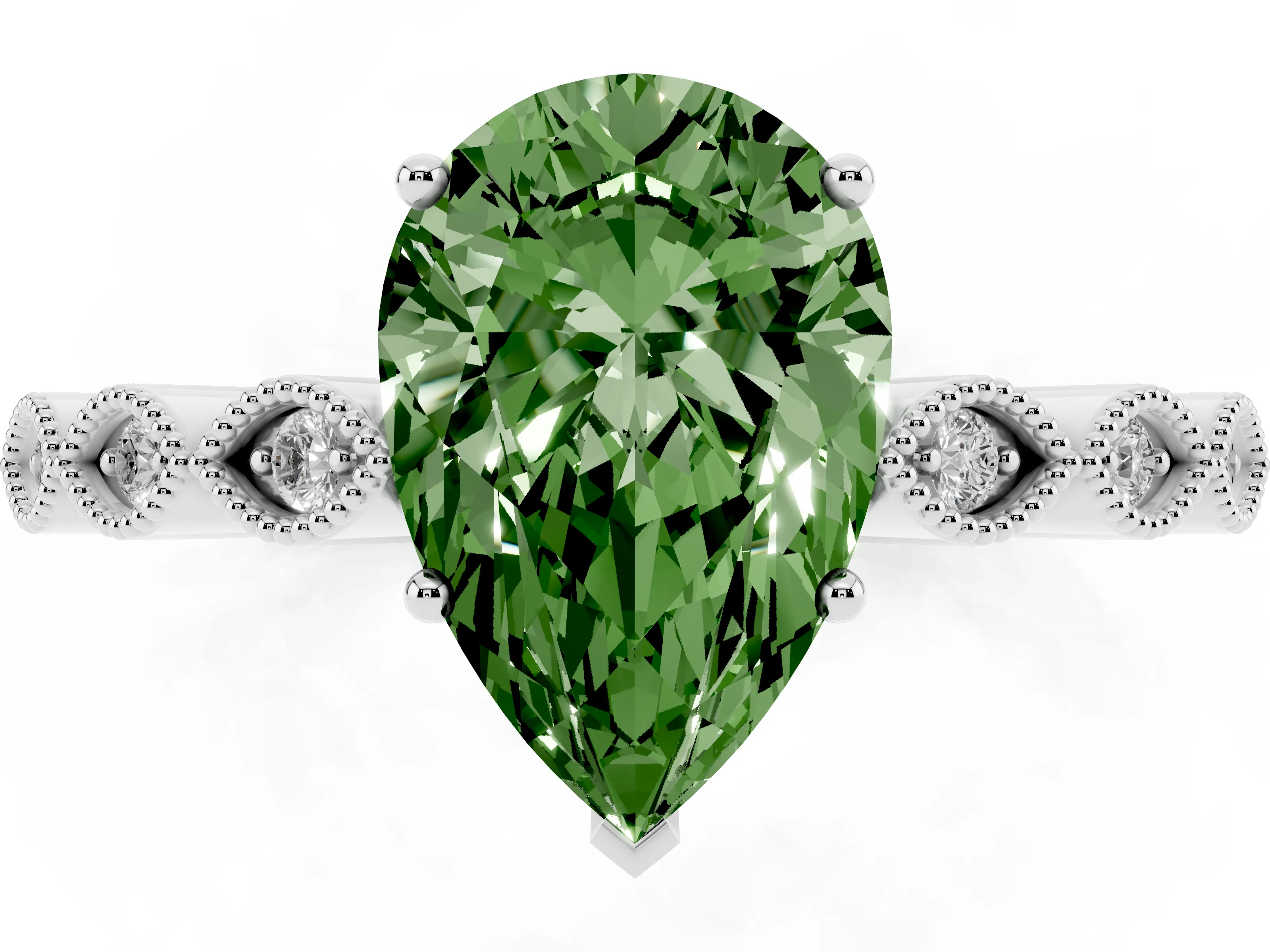 Fancy Green Pear Cut Diamond Solitaire Ring Set in Platinum with Infinity Twist Pavé Band