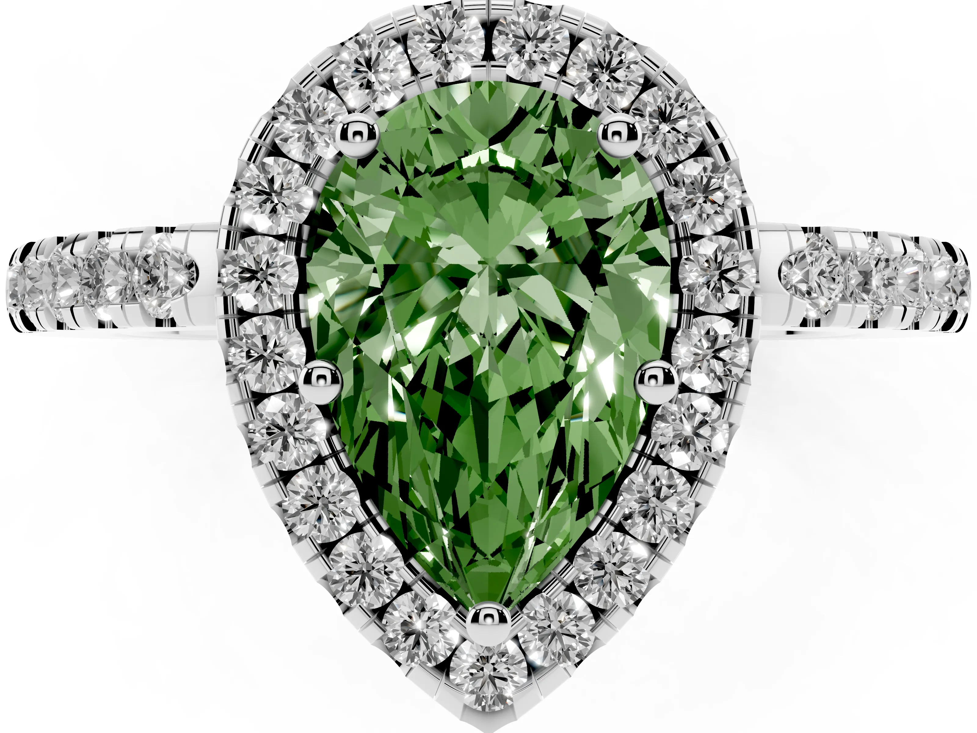 Fancy Green Pear Cut Diamond Pavé Band Halo Engagement Ring Set in Silver with Prong Setting