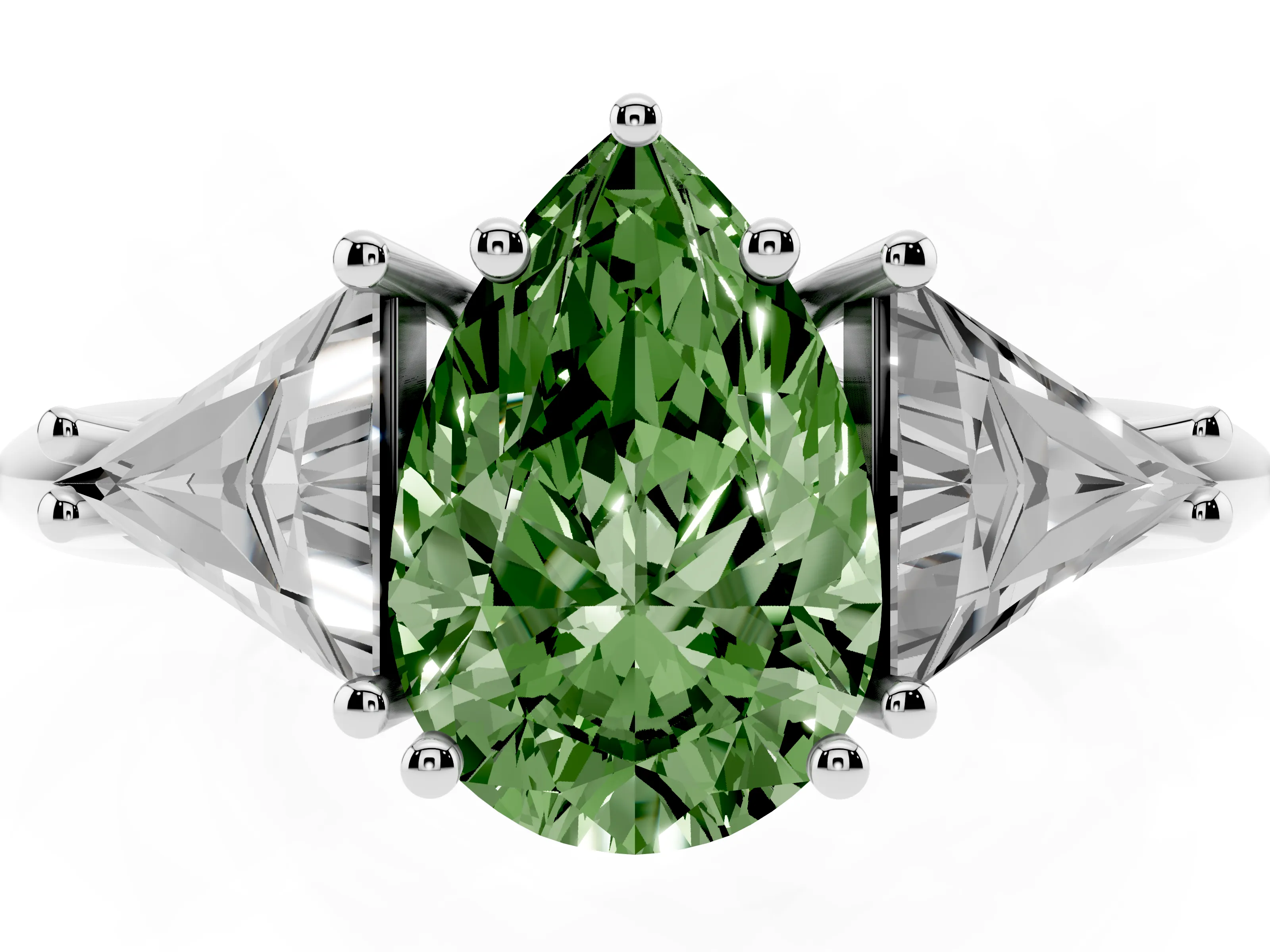 Fancy Green Pear Cut Diamond Three-Stone Engagement Ring Set in Silver with Trillion Side Stones