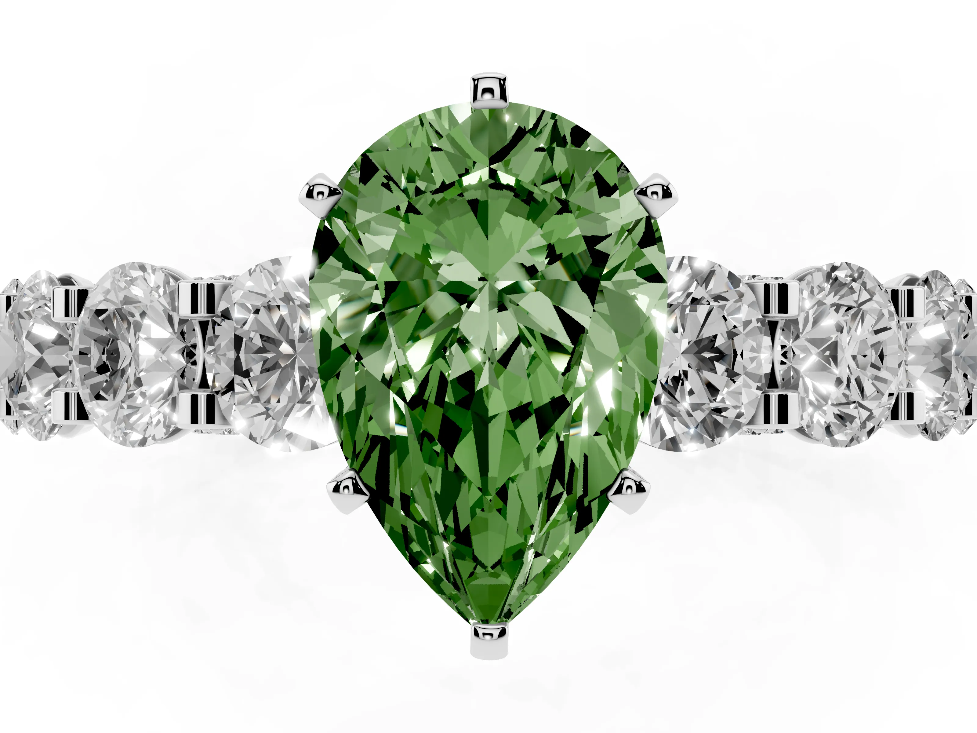 Fancy Green Pear Cut Diamond Side Stone Ring Set in Platinum with Alternating Round and Oval Side Stones