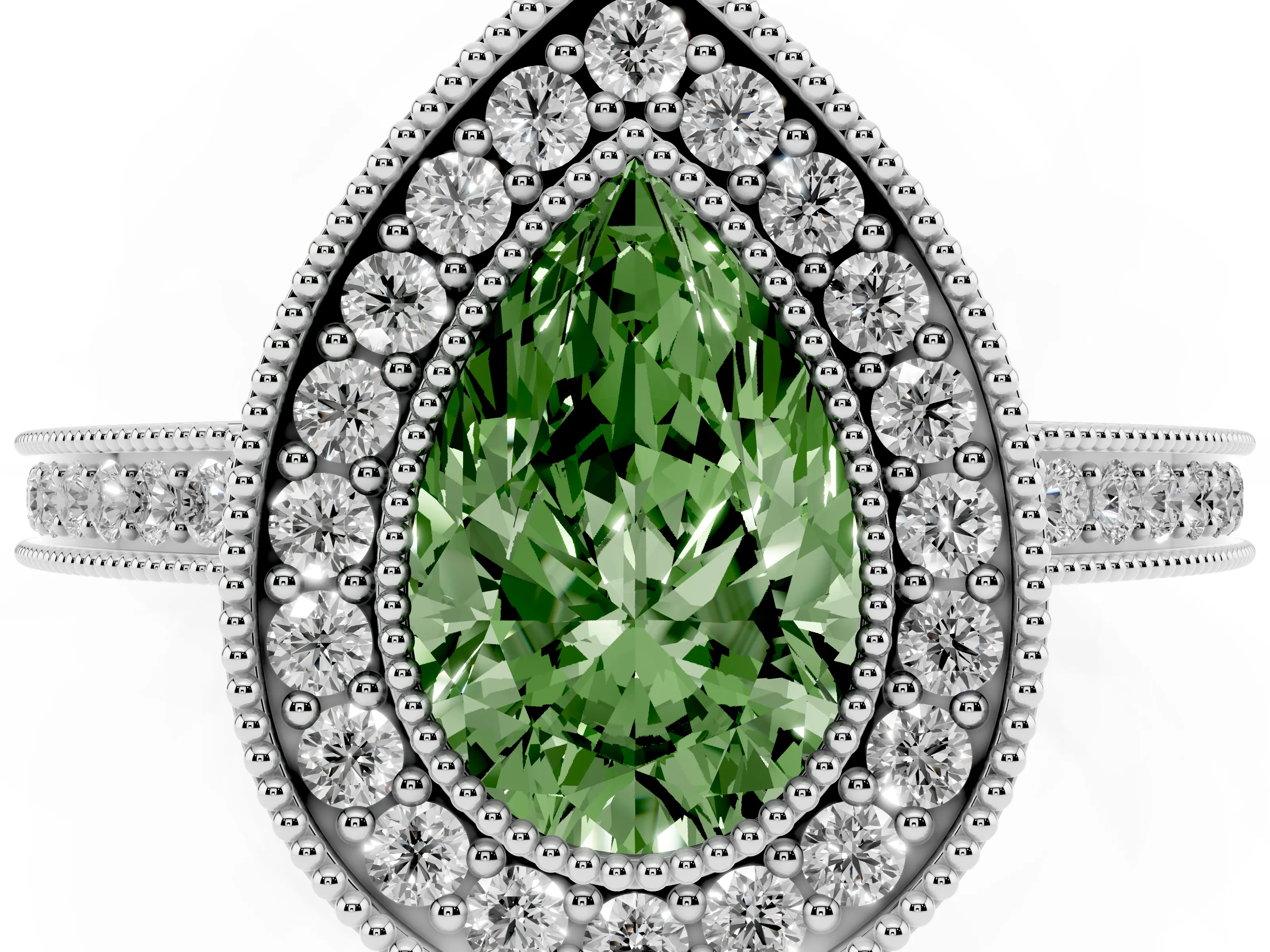 Fancy Green Pear Cut Diamond Halo Ring Set in Platinum with Pavé Band and Milgrain-Edged Prongs