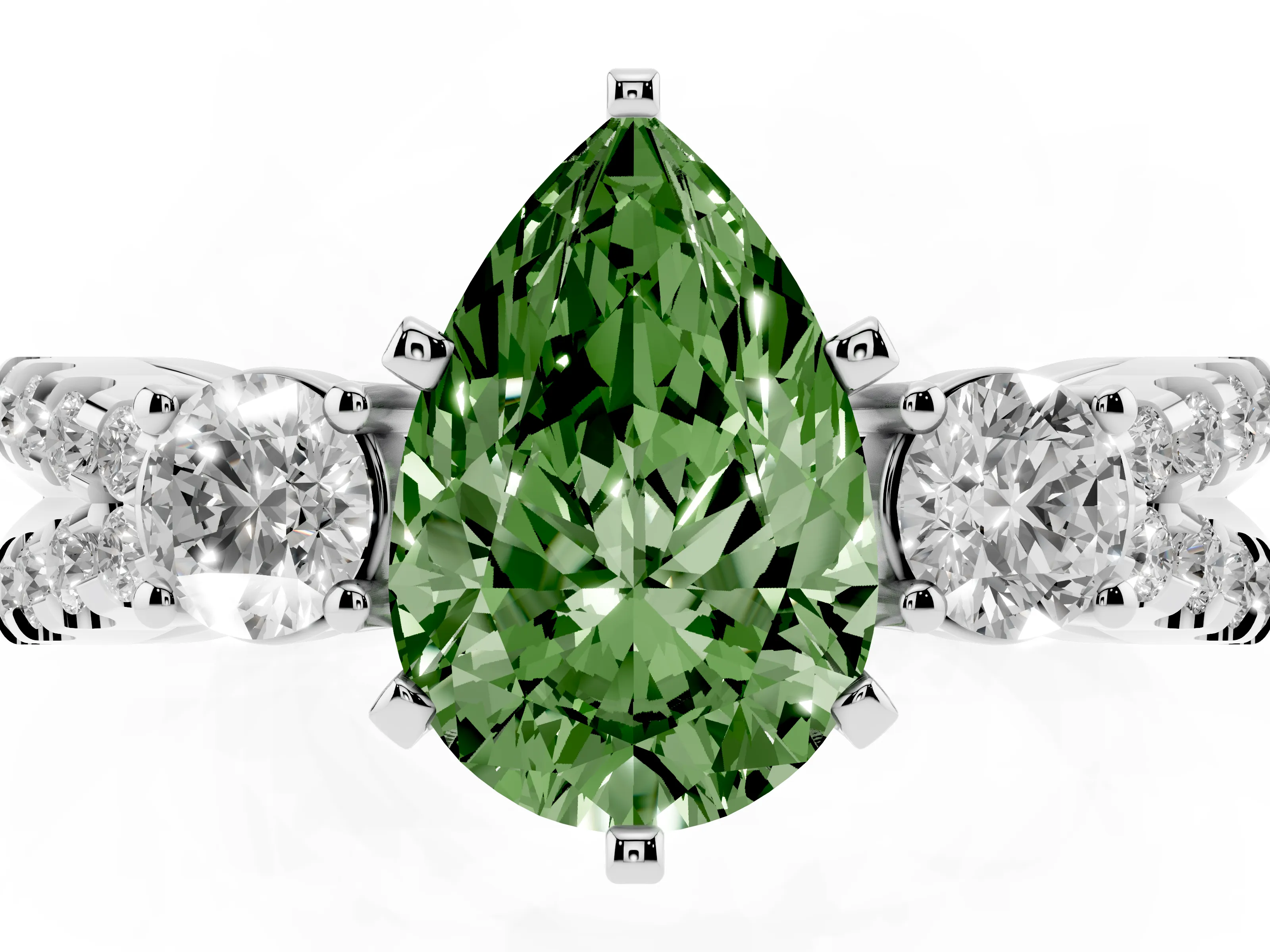 Fancy Green Pear Cut Diamond Three-Stone Ring Set in Silver with Pavé Split Shank and Prong Setting