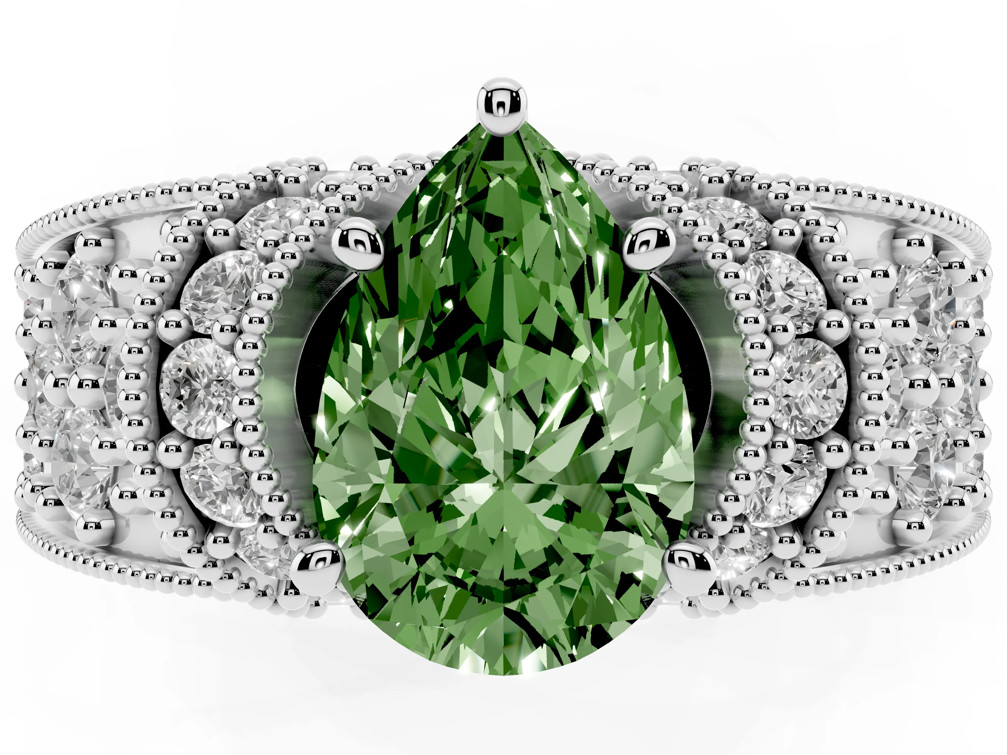 Fancy Green Pear Cut Diamond Milgrain Halo Pavé Engagement Ring Set in Platinum with Prong Setting