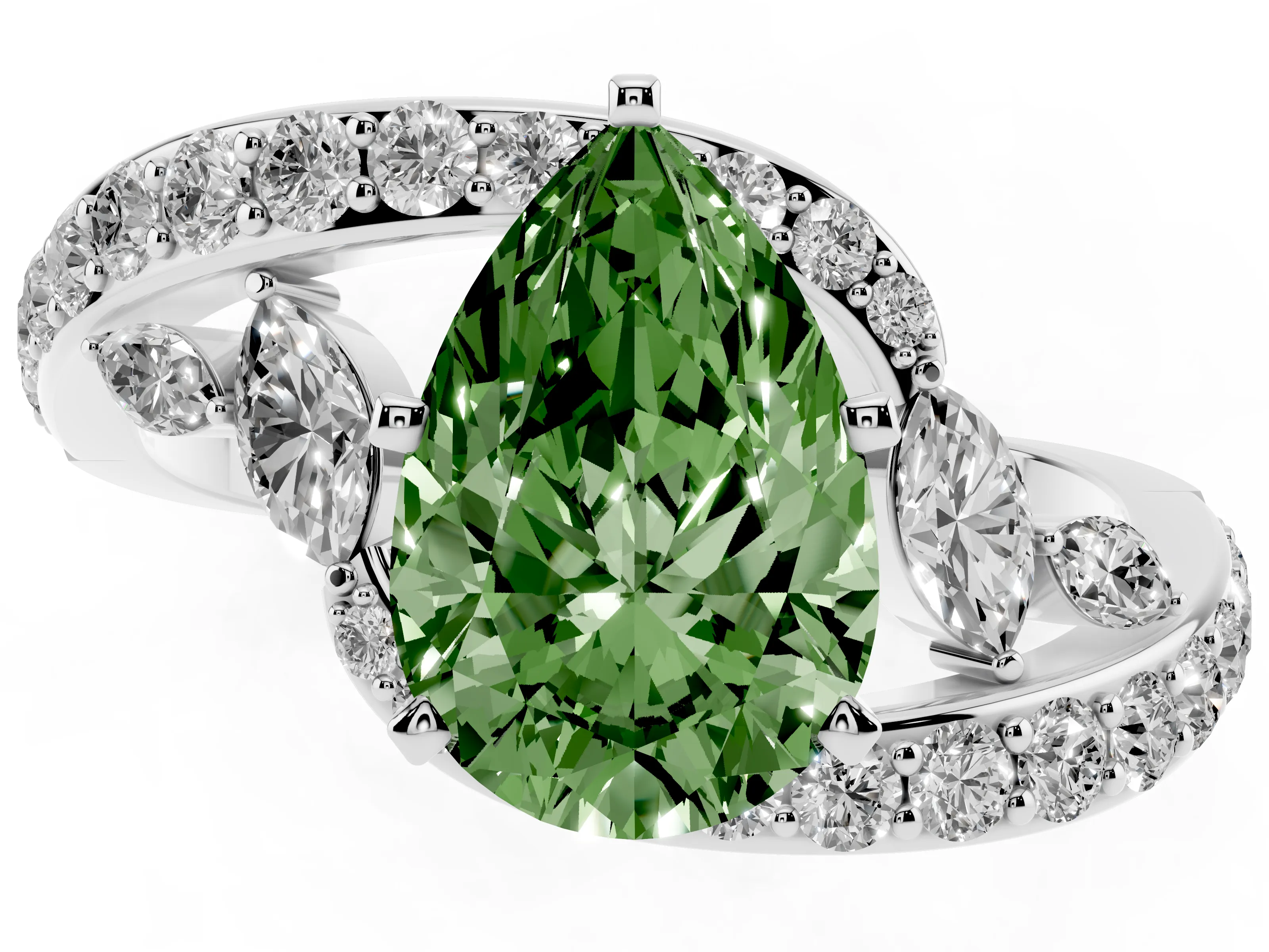 Fancy Green Pear Cut Diamond Solitaire Ring Set in White gold with Pavé Twist Band and Secure Prong Setting