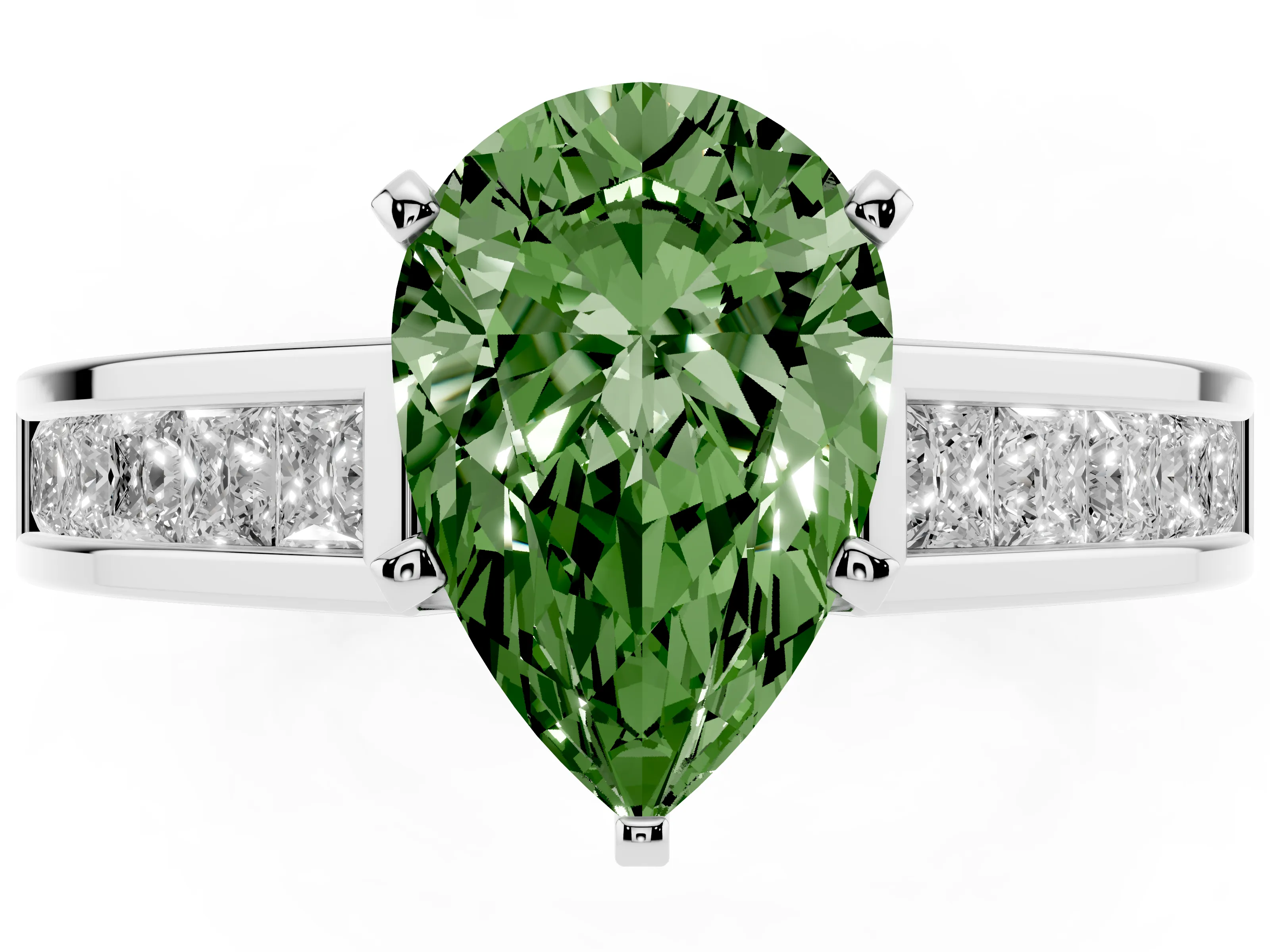 Fancy Green Pear Cut Diamond Solitaire Ring Set in Silver with Channel-Set Band and Prong Setting