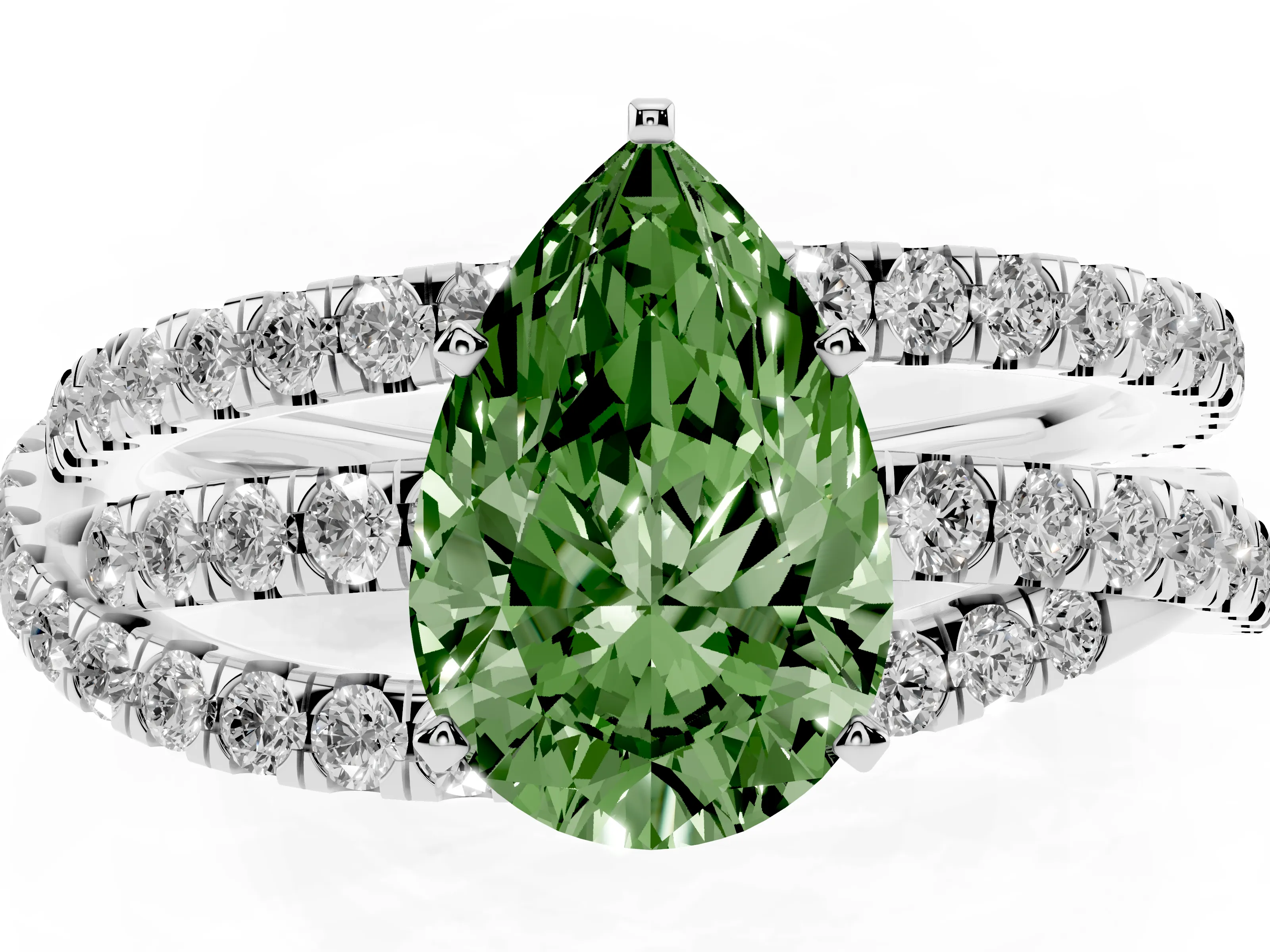 Fancy Green Pear Cut Diamond Solitaire Twist Band Ring Set in Platinum with Pavé Setting and Prong Head