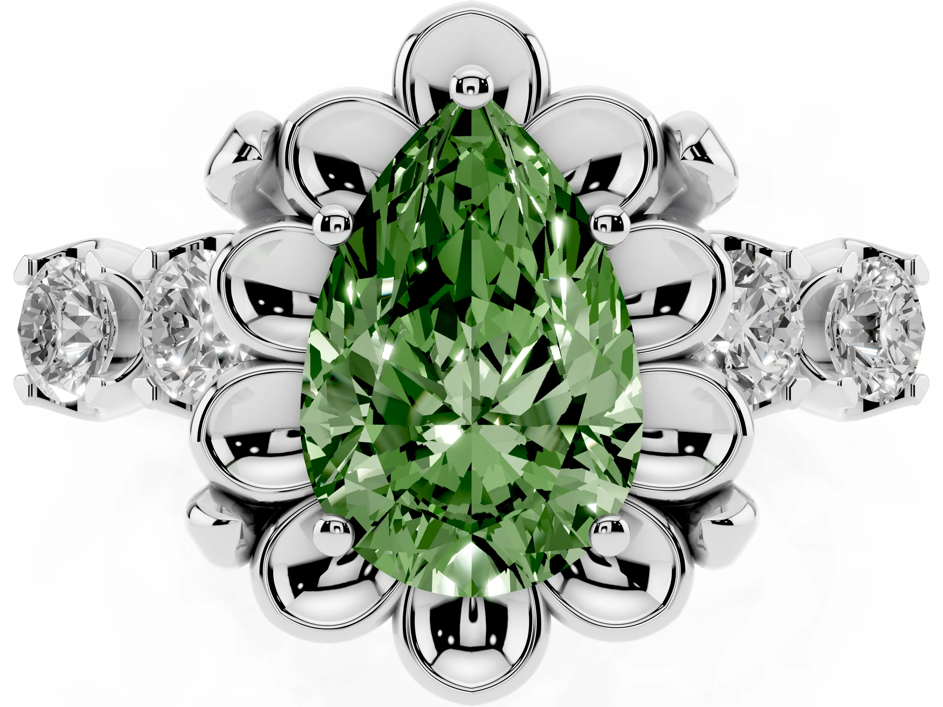 Fancy Green Pear Cut Diamond Floral Halo Ring Set in Platinum with Shared Prong Band