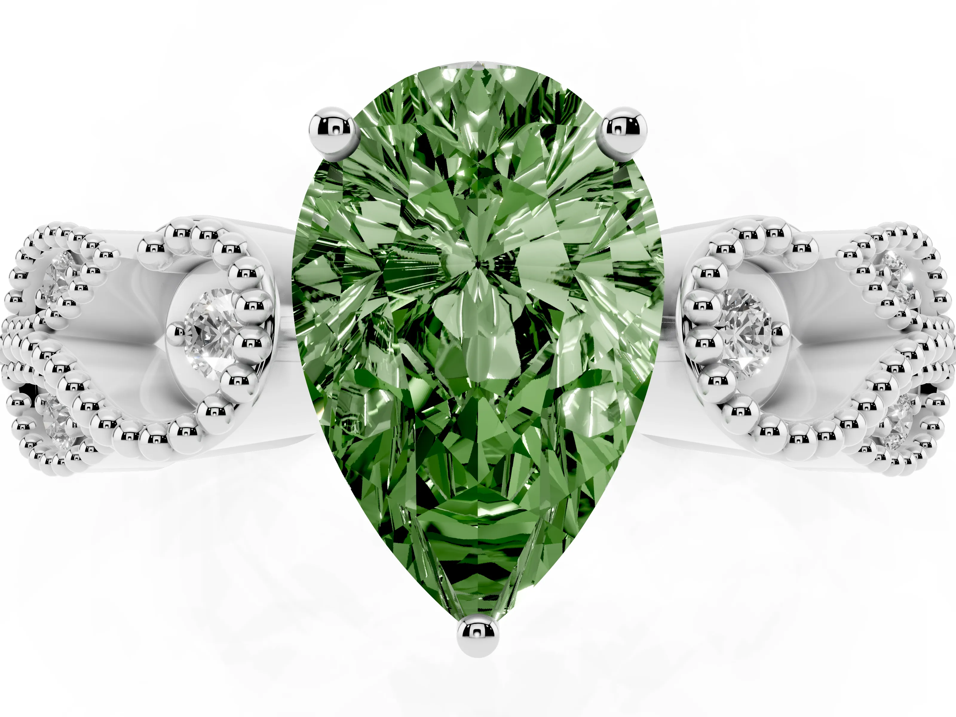 Fancy Green Pear Cut Diamond Milgrain Leaf Band Solitaire Ring Set in White gold with Accent Stones and Prong Setting