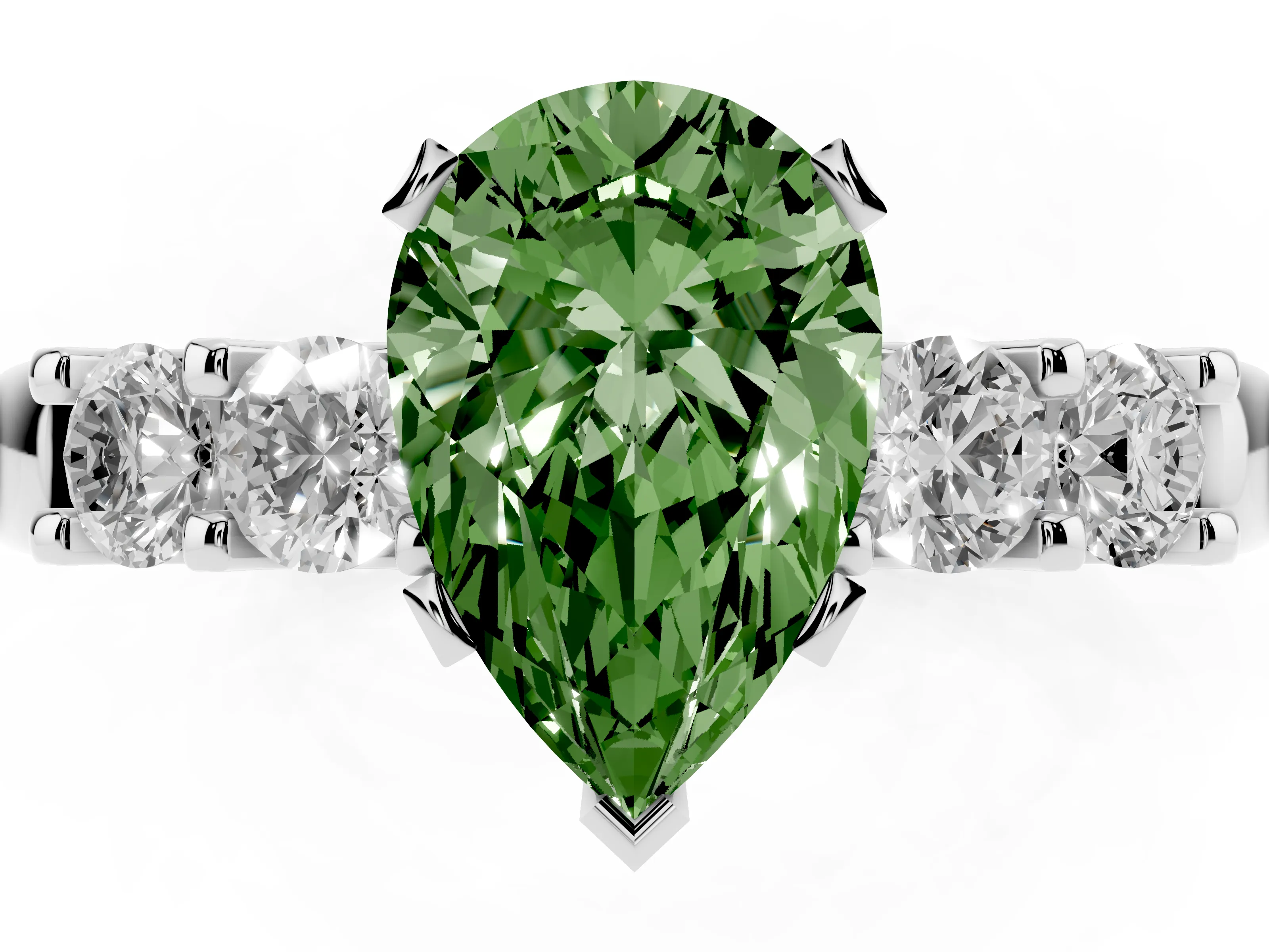 Fancy Green Pear Cut Diamond Five-Stone Prong Set Engagement Ring Set in Platinum with Channel Band