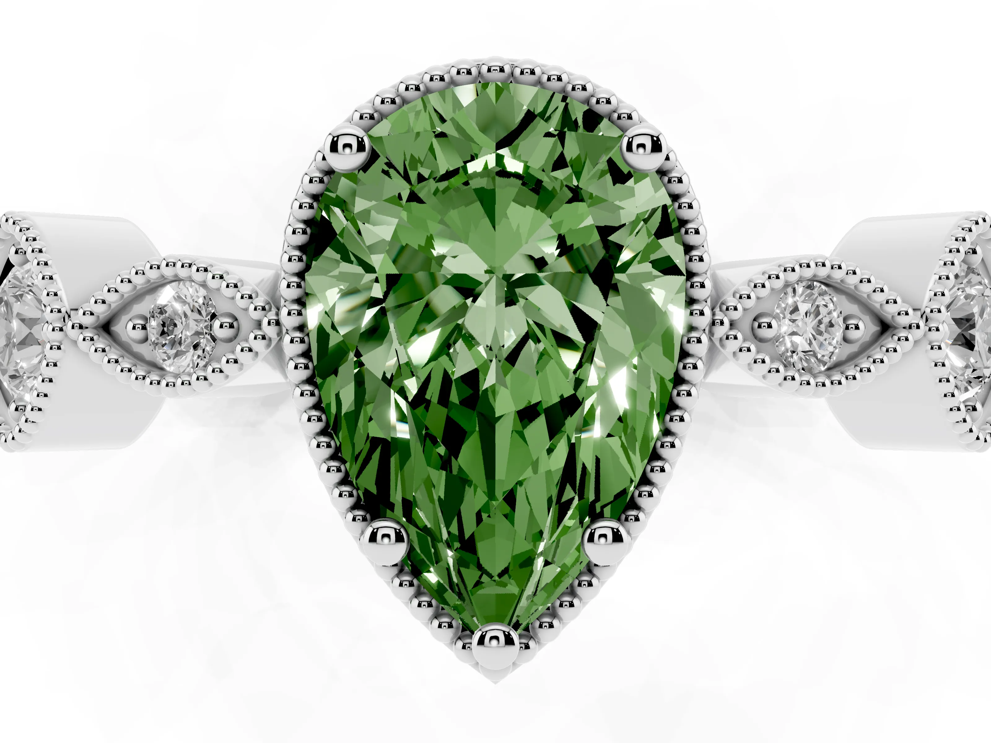 Fancy Green Pear Cut Diamond Vintage-Inspired Milgrain Ring Set in Platinum with Marquise Stations of Round Accents