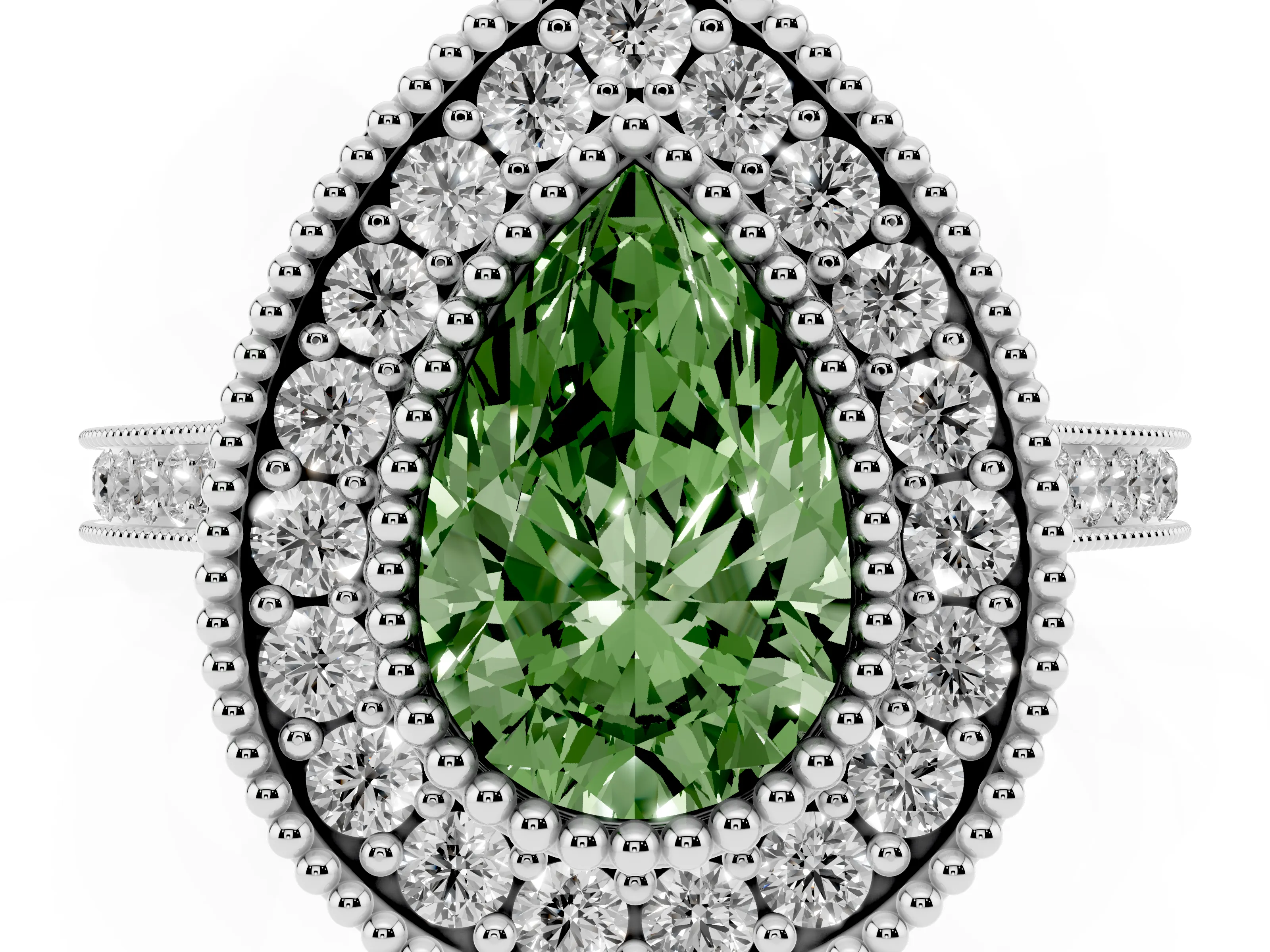 Fancy Green Pear Cut Diamond Halo Ring Set in Silver with Milgrain Frame and Pavé Band