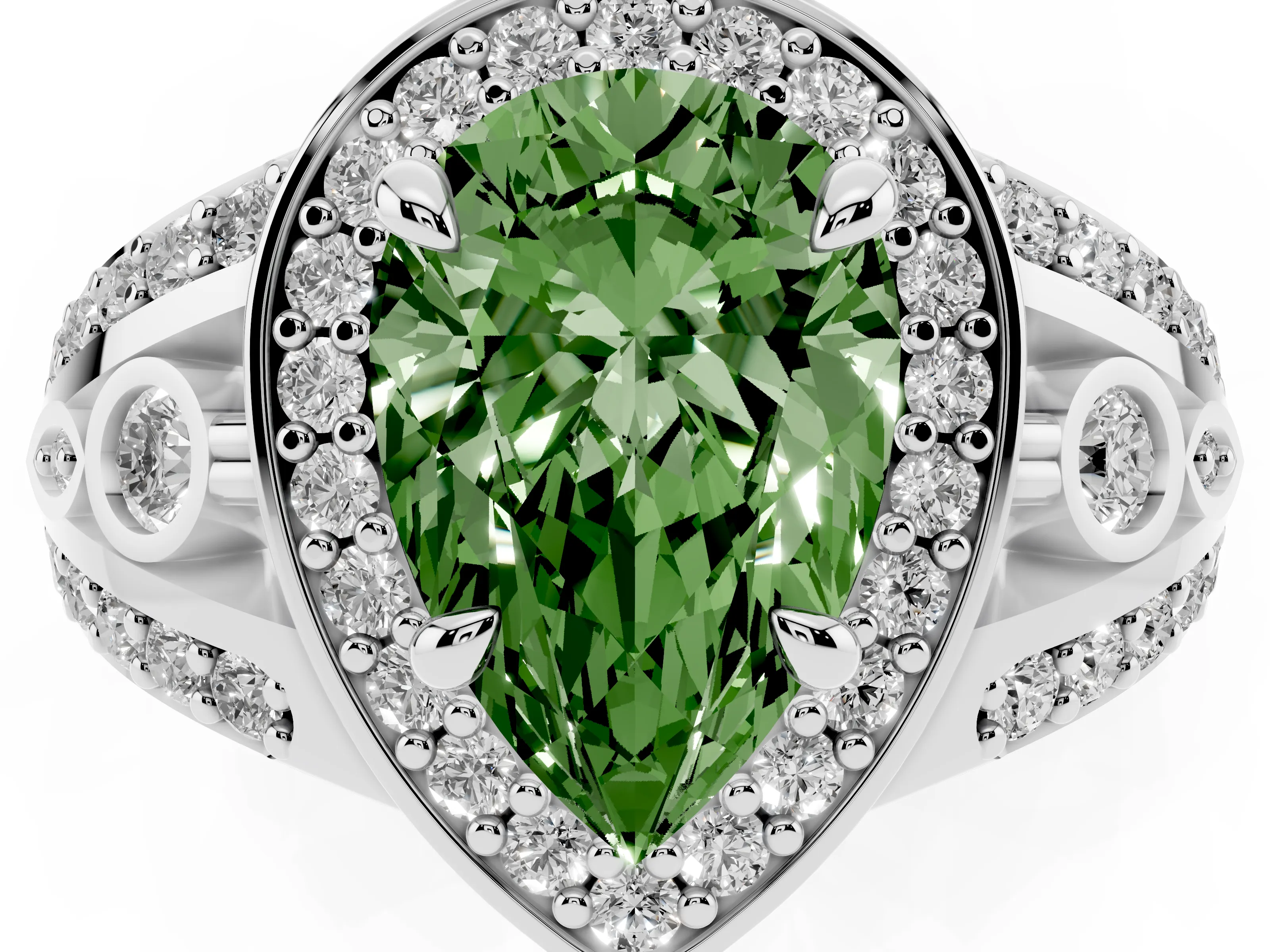 Fancy Green Pear Cut Diamond Halo Ring Set in White gold with Pavé Split Shank and Bezel Accents