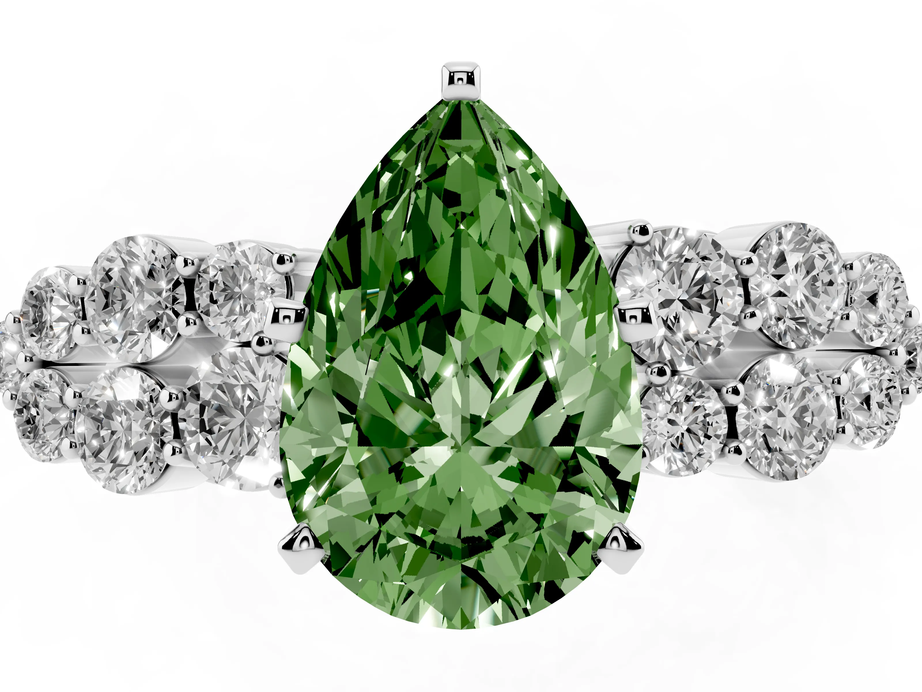 Fancy Green Pear Cut Diamond Cluster Engagement Ring Set in Silver with Pavé Band and Prong Setting