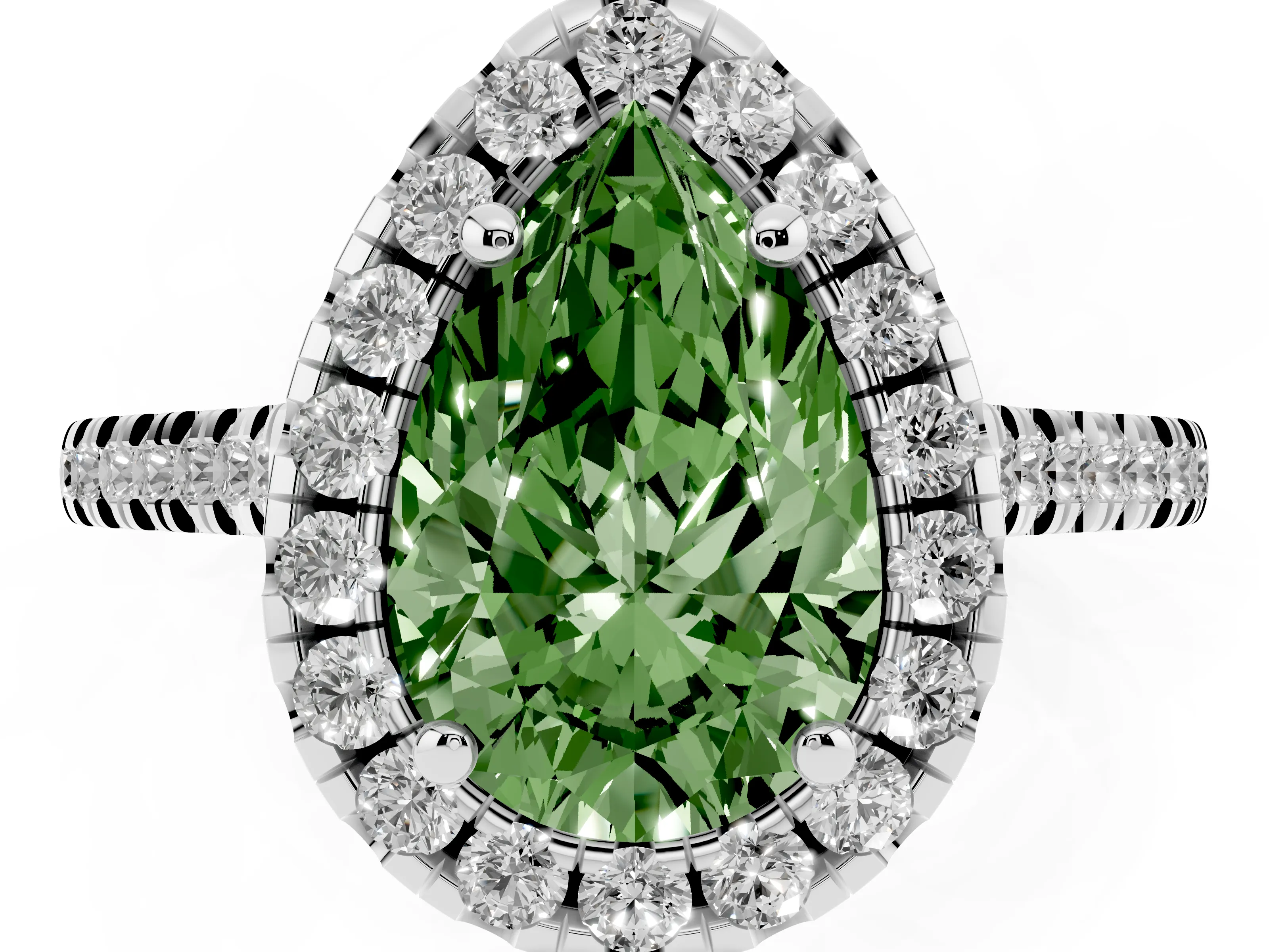 Fancy Green Pear Cut Diamond Cushion Halo Ring Set in White gold with Pavé Band