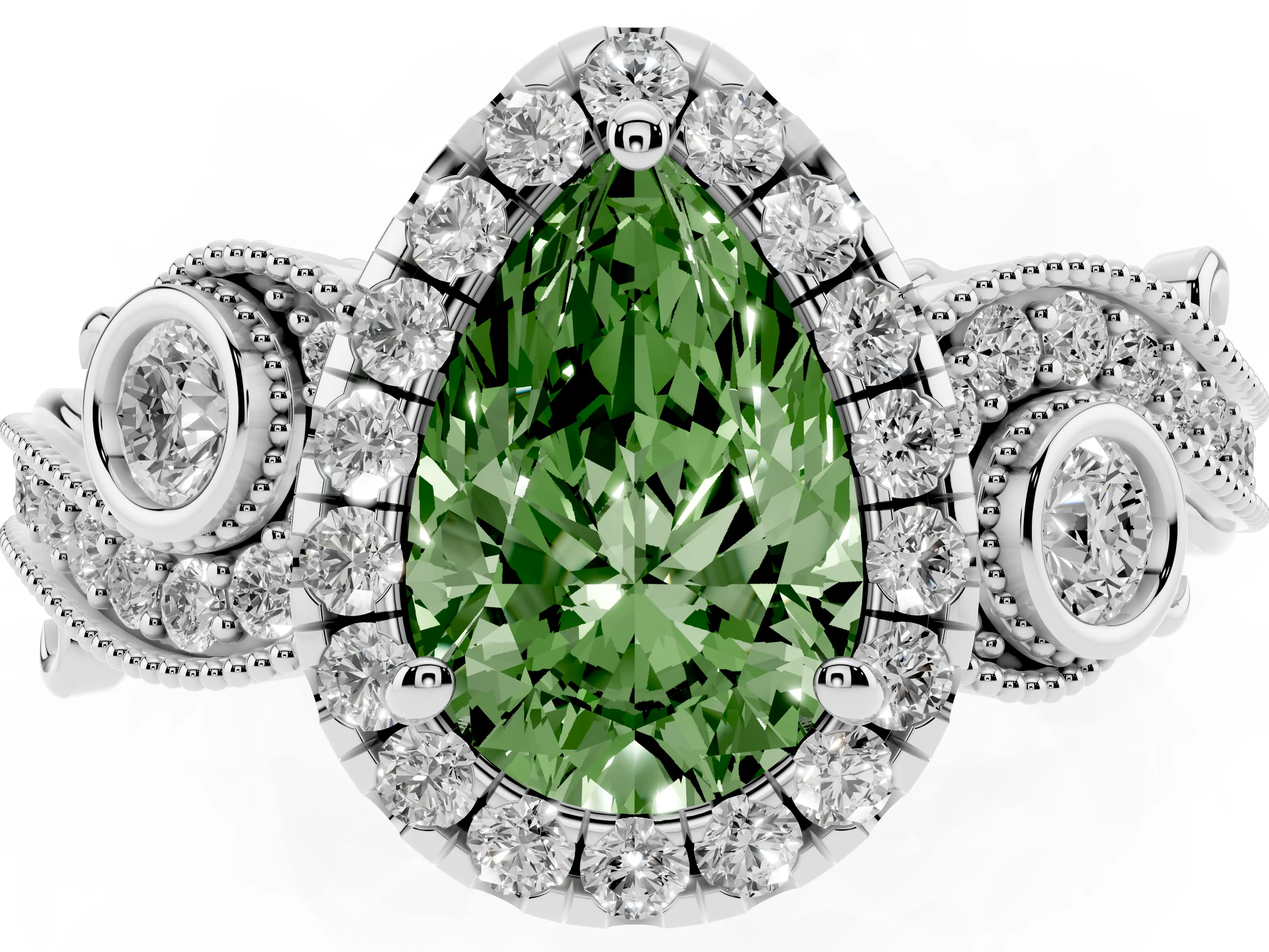 Fancy Green Pear Cut Diamond Halo Ring Set in Silver with Milgrain Pavé Band and Prong Setting