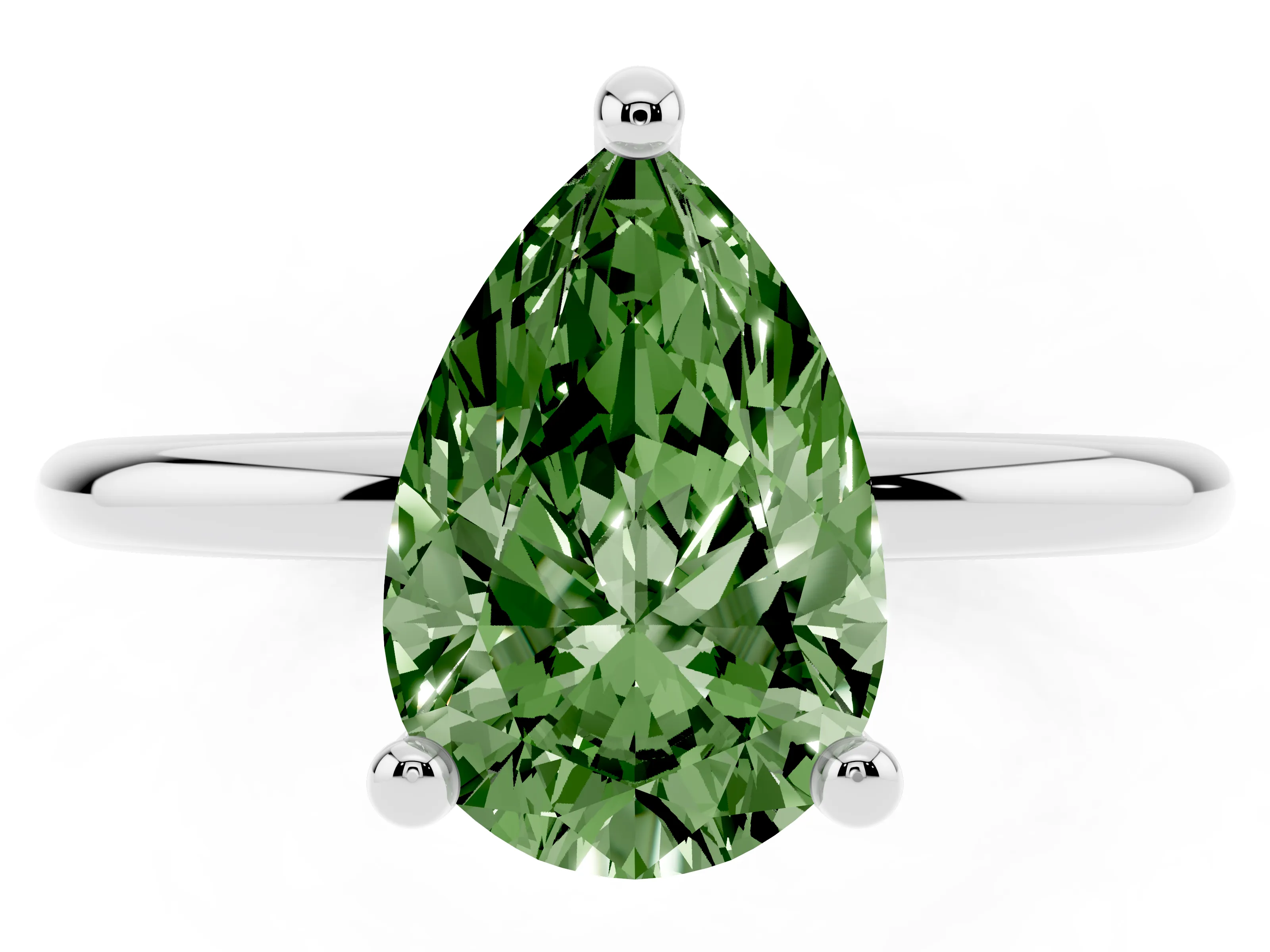 Fancy Green Pear Cut Diamond Solitaire Ring Set in Silver with Secure Prong Setting on a Classic Band