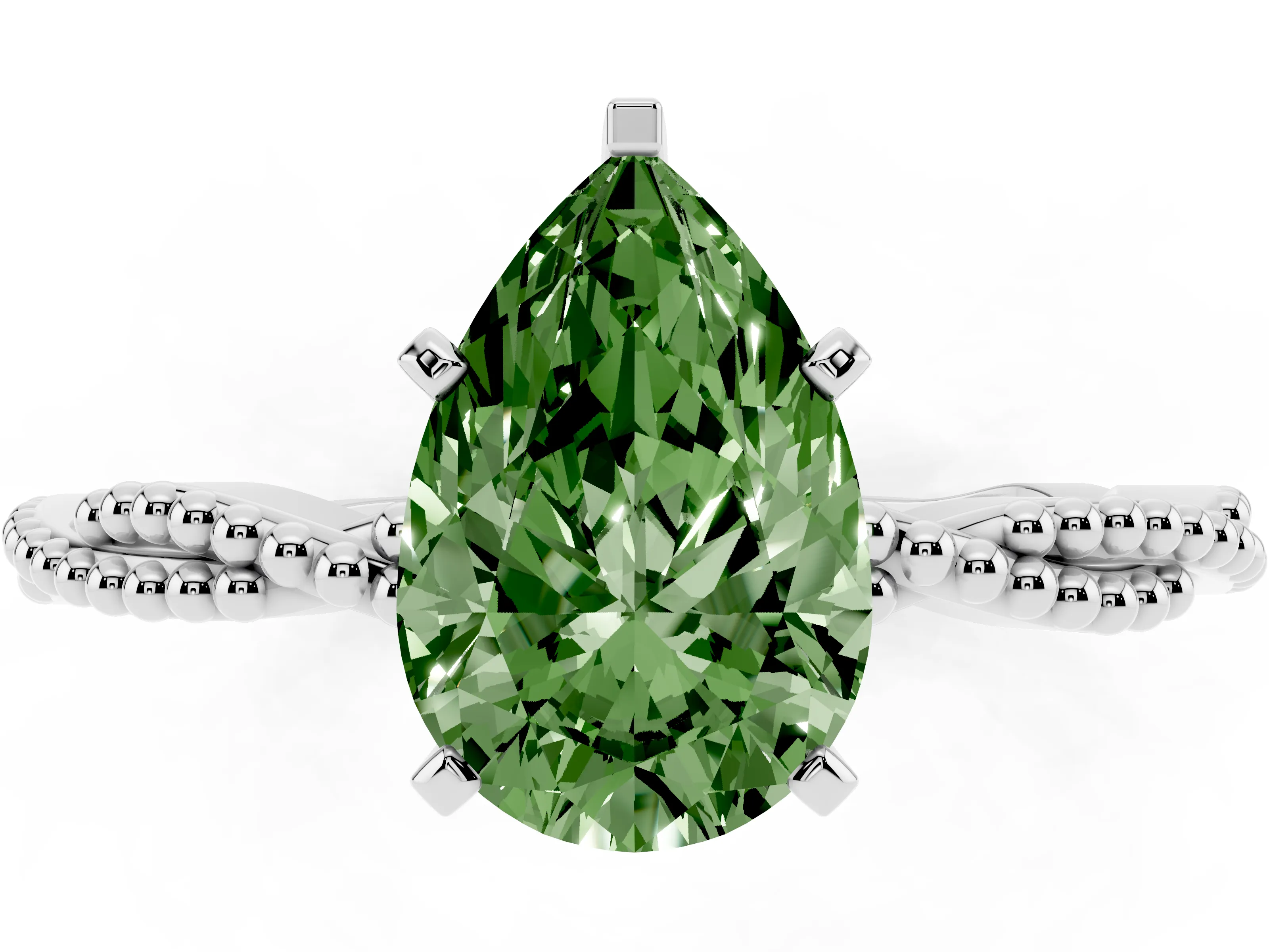 Fancy Green Pear Cut Diamond Solitaire Ring Set in White gold with Twisted Band and Bead Prong Setting