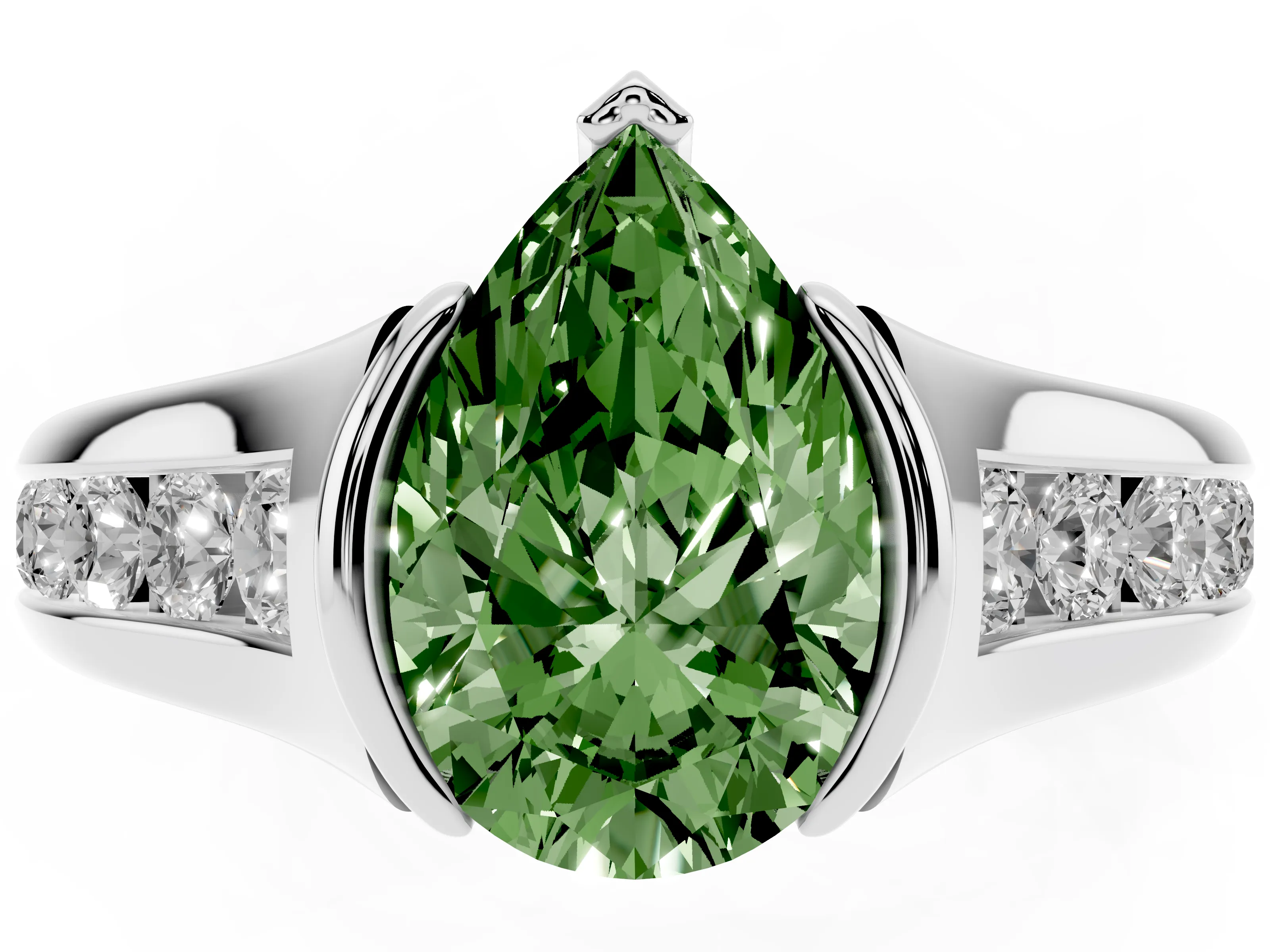 Fancy Green Pear Cut Diamond Bezel-Set Solitaire Ring Set in Silver with Channel-Set Band