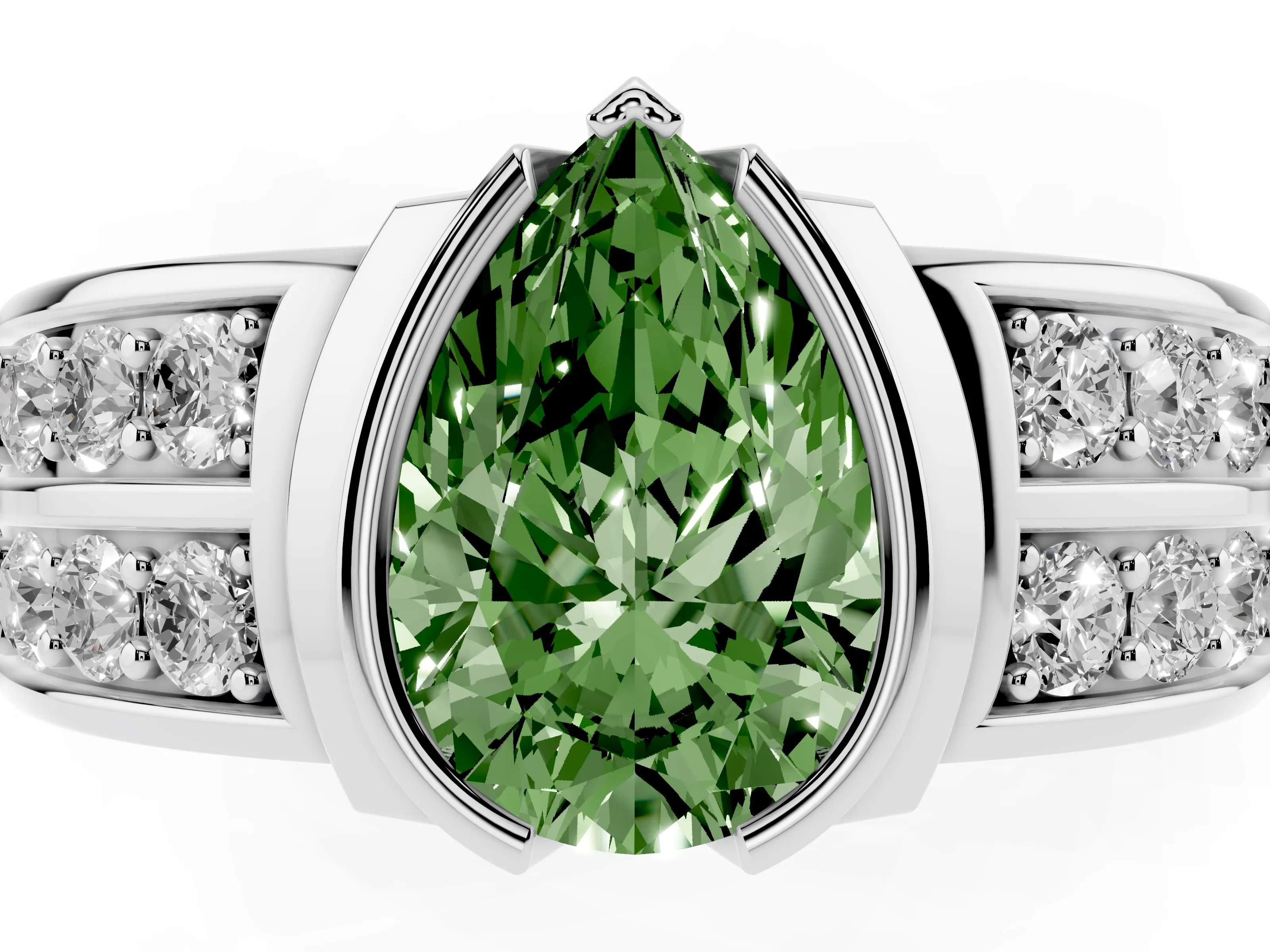 Fancy Green Pear Cut Diamond Wide Channel Set Band Ring Set in Silver with Bezel Setting
