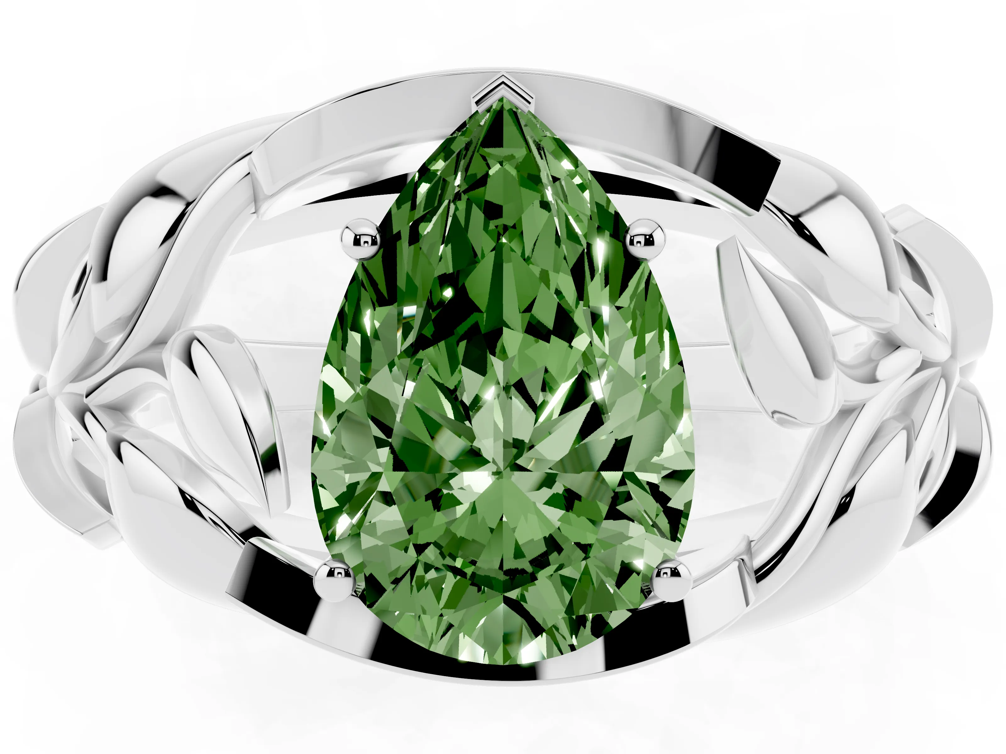 Fancy Green Pear Cut Diamond Leaf-Inspired Engagement Ring Set in Silver with Round Accents